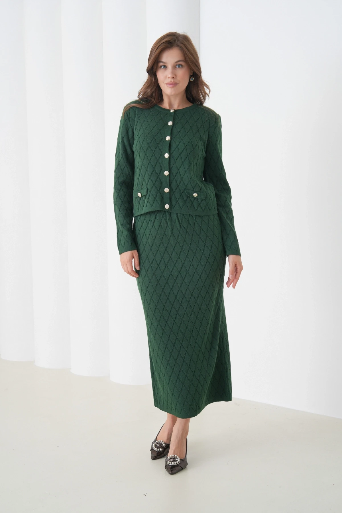 Kadın Bisiklet Yaka Düğme Detay Desenli Ceket Etek İkili Triko Takım