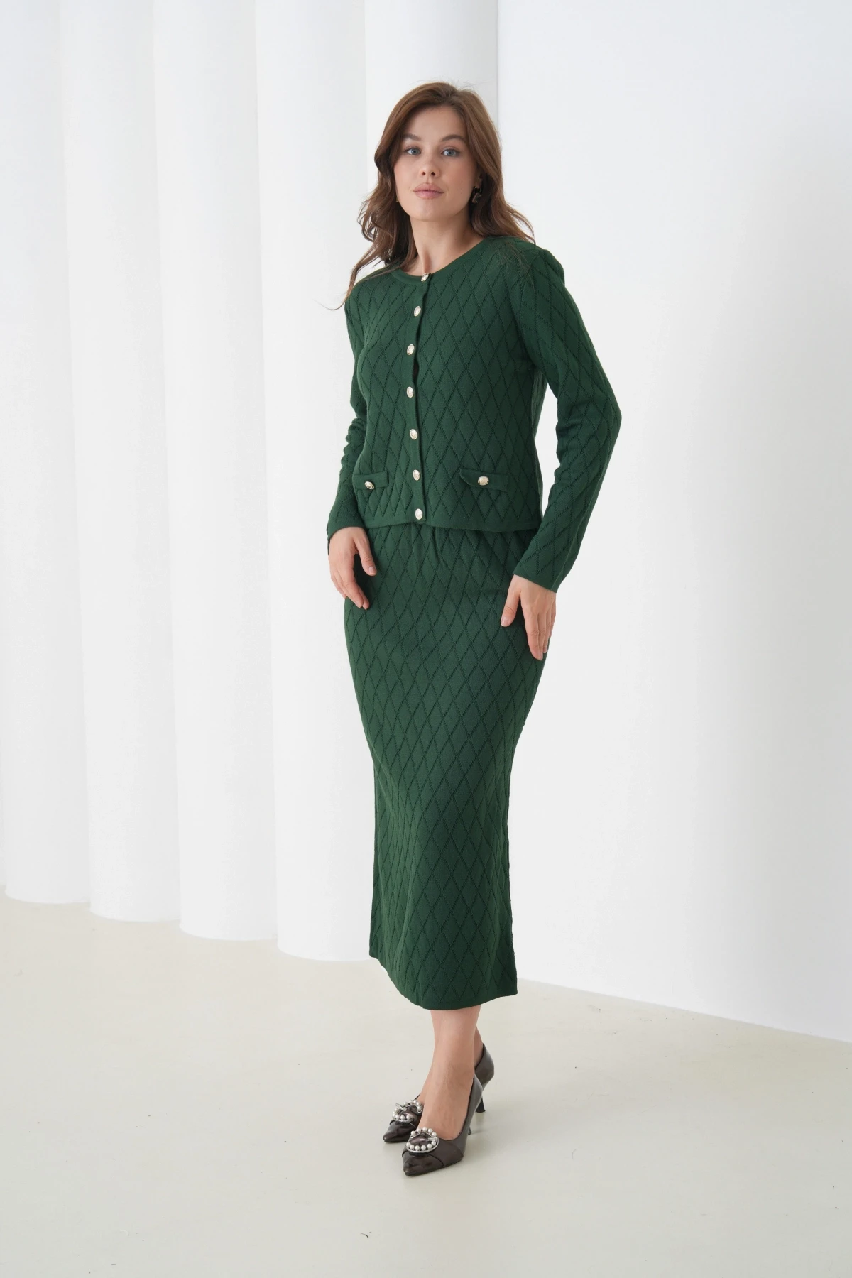 Kadın Bisiklet Yaka Düğme Detay Desenli Ceket Etek İkili Triko Takım