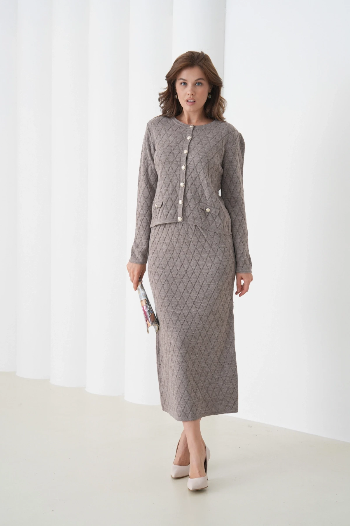 Kadın Bisiklet Yaka Düğme Detay Desenli Ceket Etek İkili Triko Takım