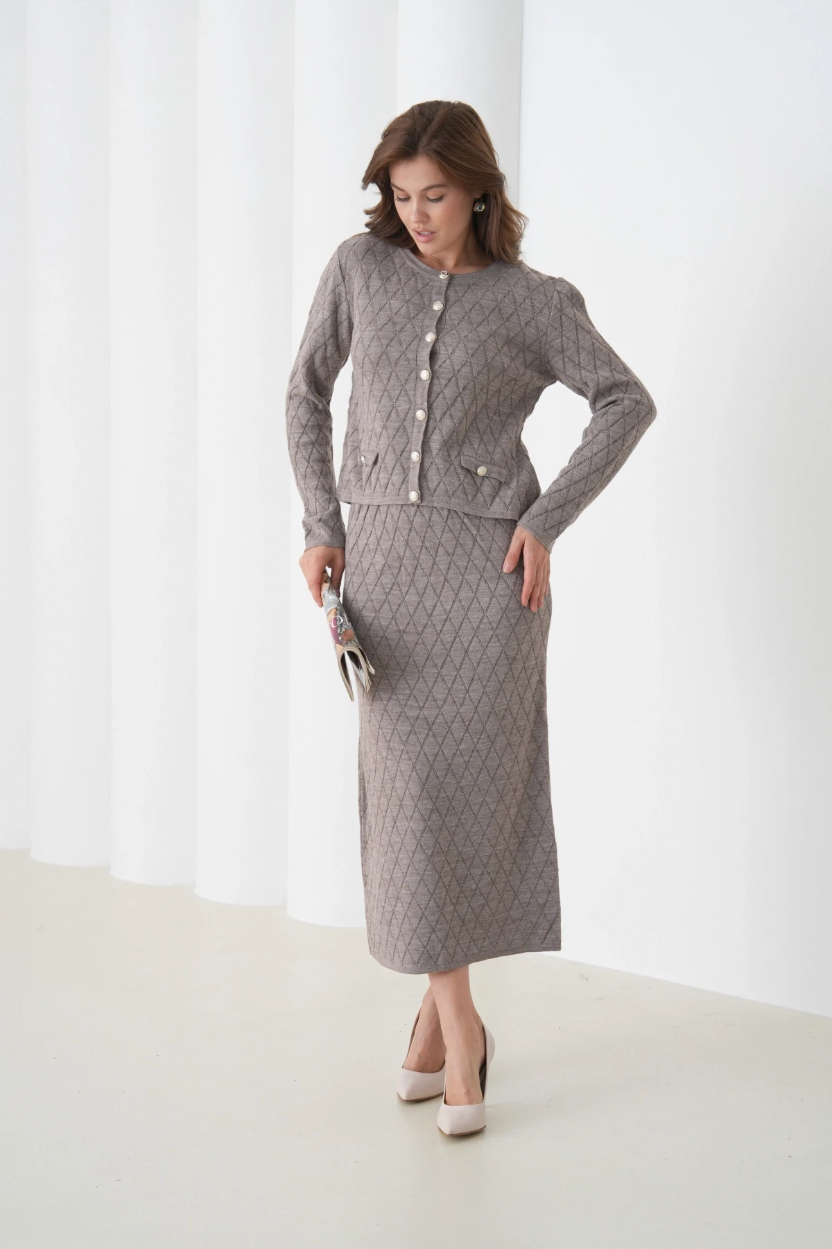 Kadın Bisiklet Yaka Düğme Detay Desenli Ceket Etek İkili Triko Takım