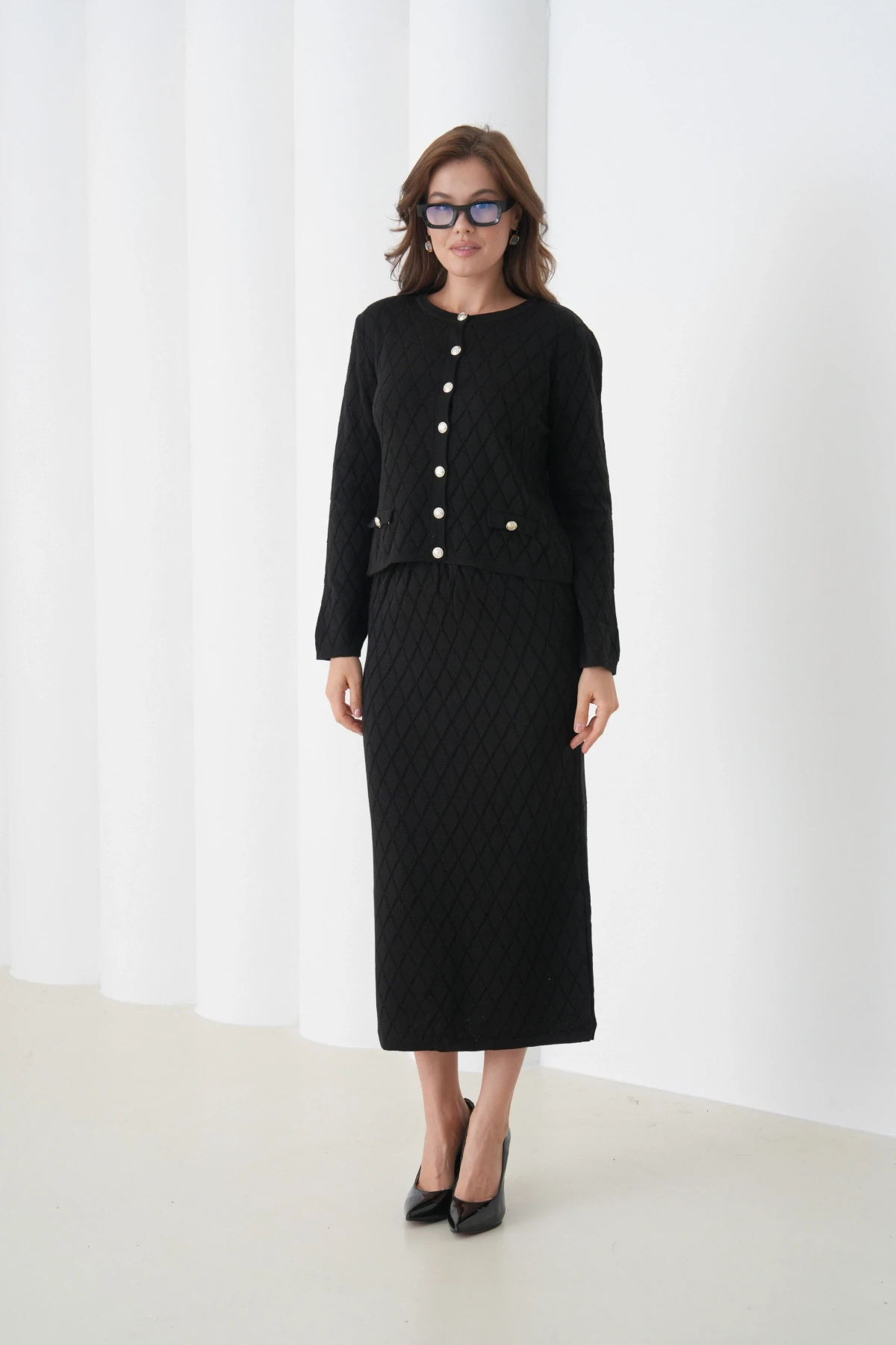 Kadın Bisiklet Yaka Düğme Detay Desenli Ceket Etek İkili Triko Takım