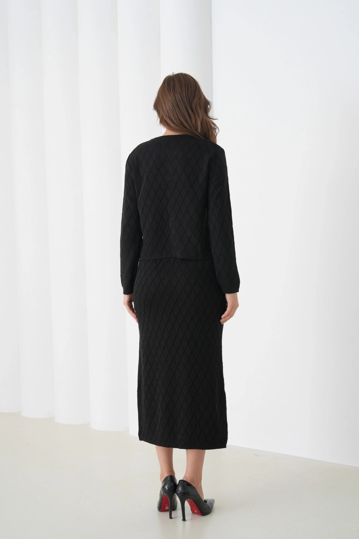 Kadın Bisiklet Yaka Düğme Detay Desenli Ceket Etek İkili Triko Takım