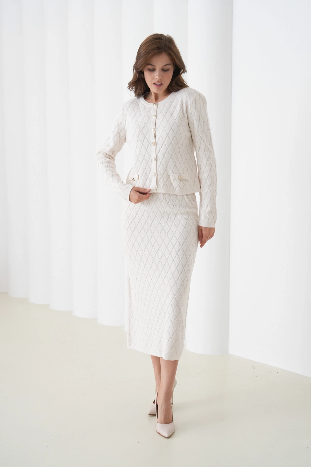 Kadın Bisiklet Yaka Düğme Detay Desenli Ceket Etek İkili Triko Takım