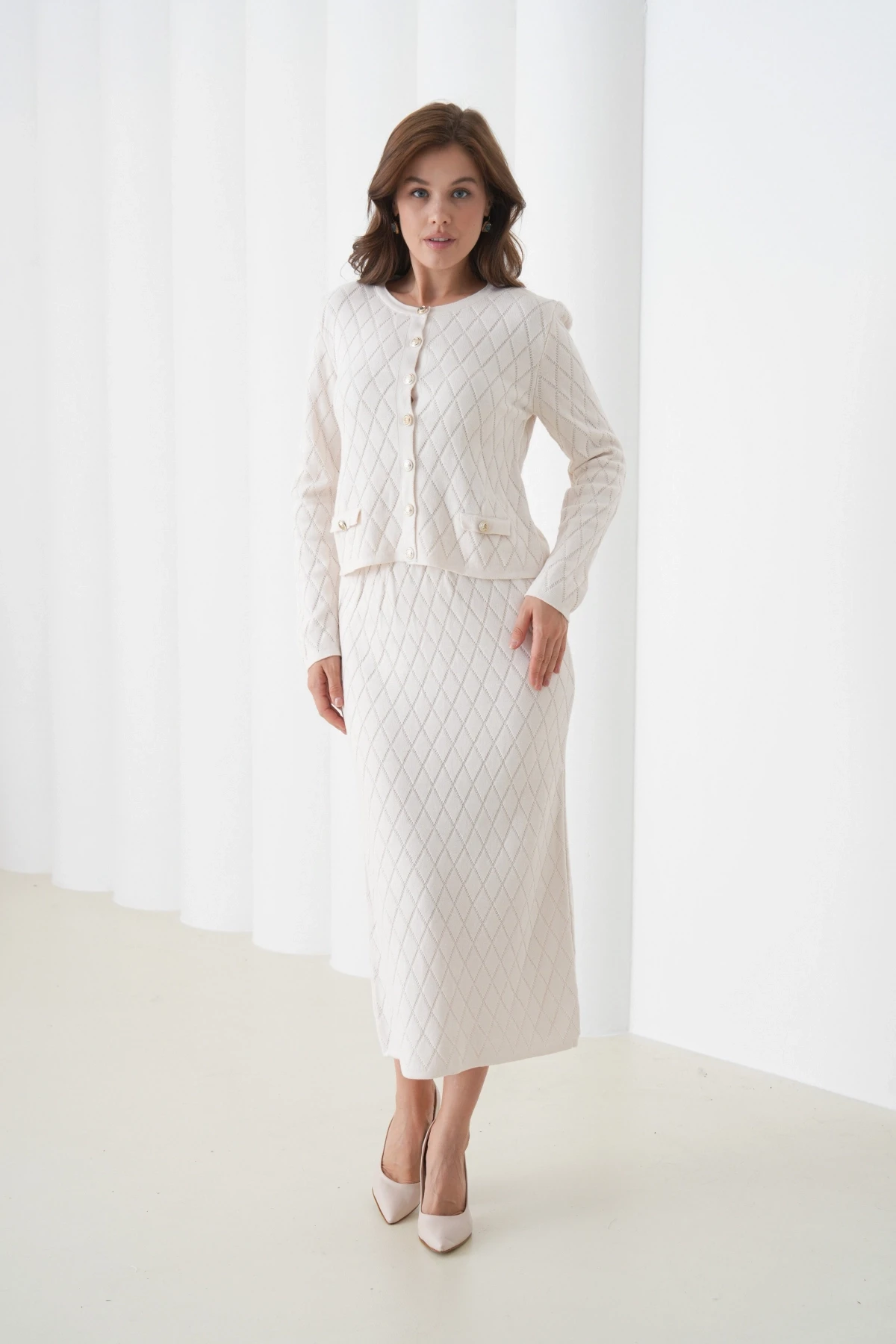 Kadın Bisiklet Yaka Düğme Detay Desenli Ceket Etek İkili Triko Takım