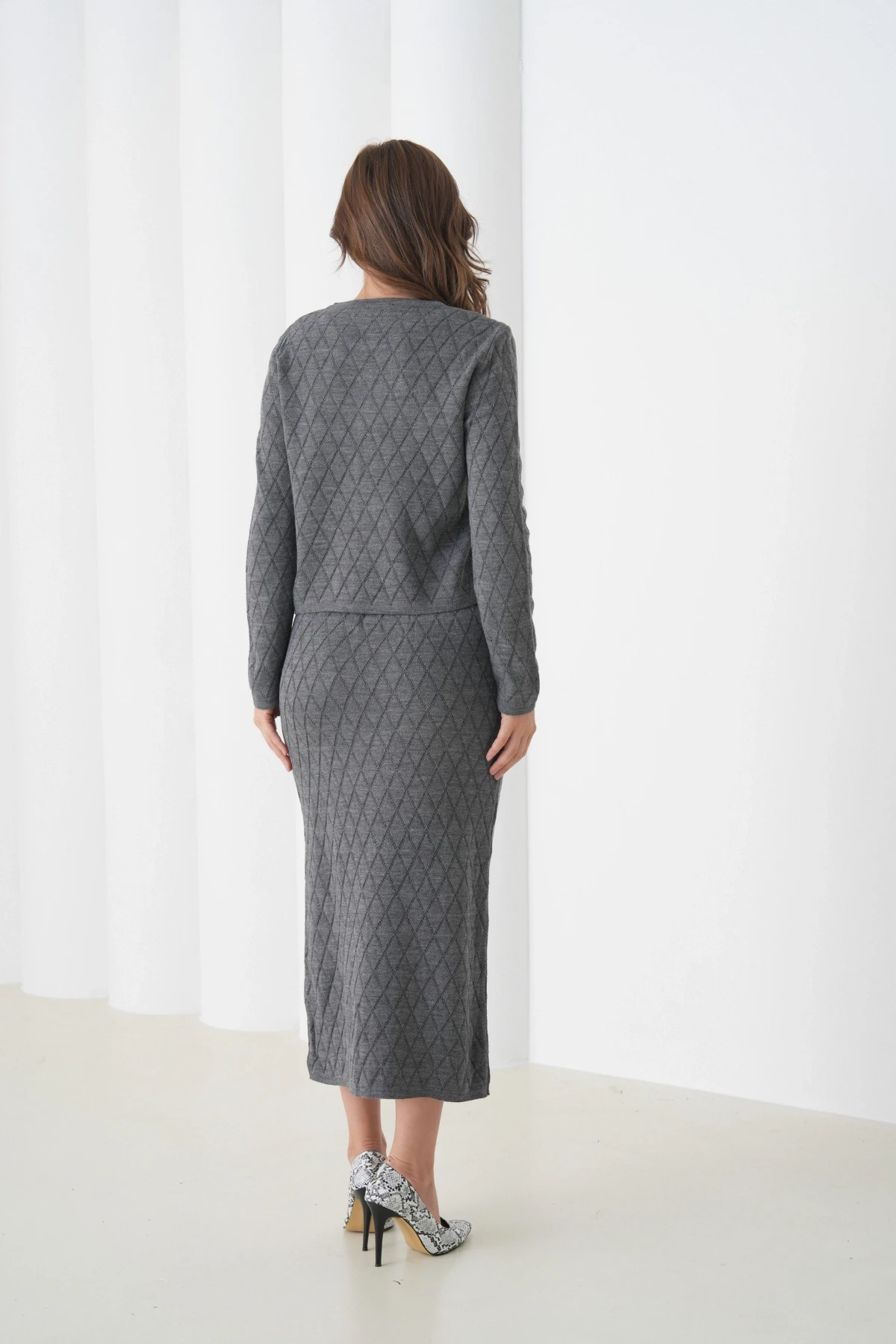 Kadın Bisiklet Yaka Düğme Detay Desenli Ceket Etek İkili Triko Takım