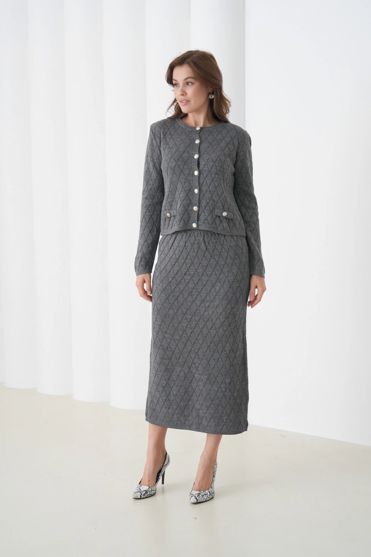 Kadın Bisiklet Yaka Düğme Detay Desenli Ceket Etek İkili Triko Takım