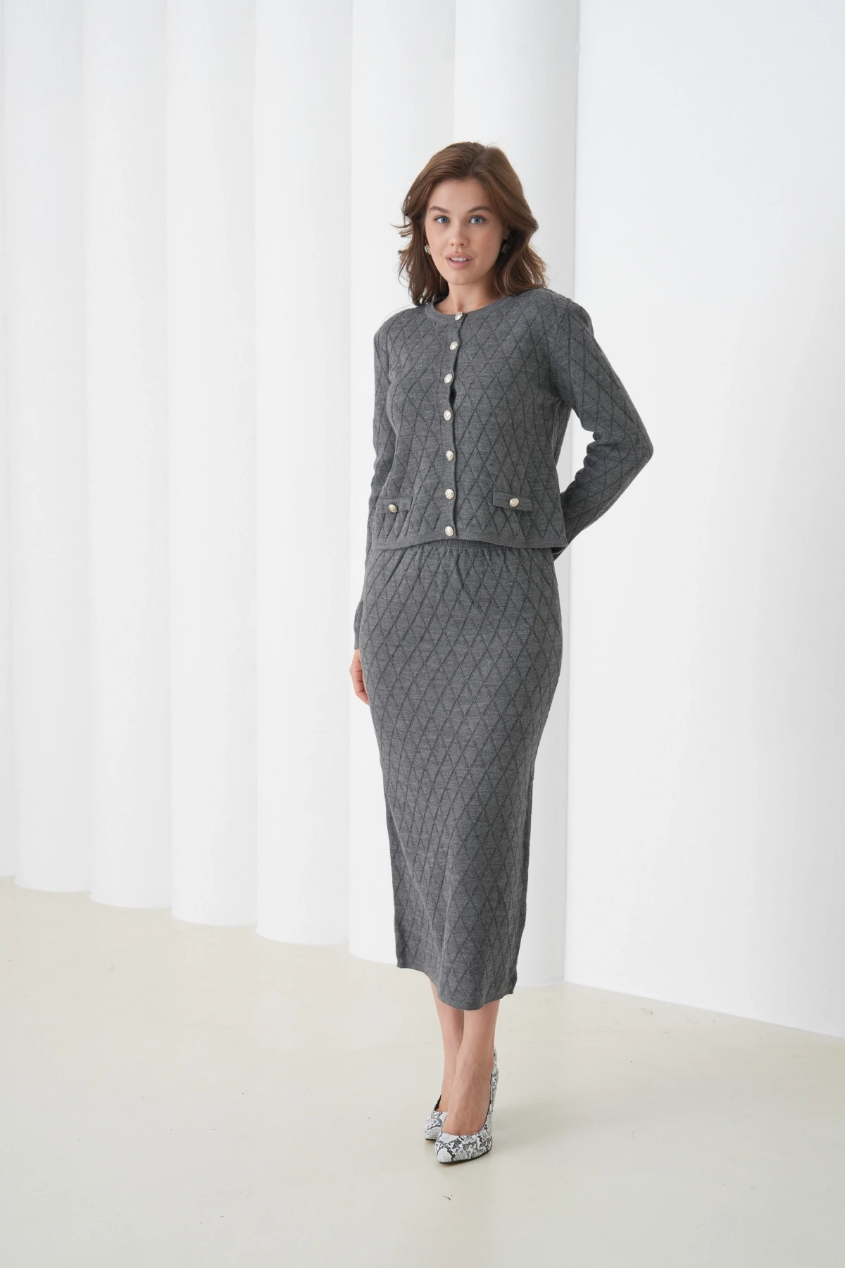 Kadın Bisiklet Yaka Düğme Detay Desenli Ceket Etek İkili Triko Takım