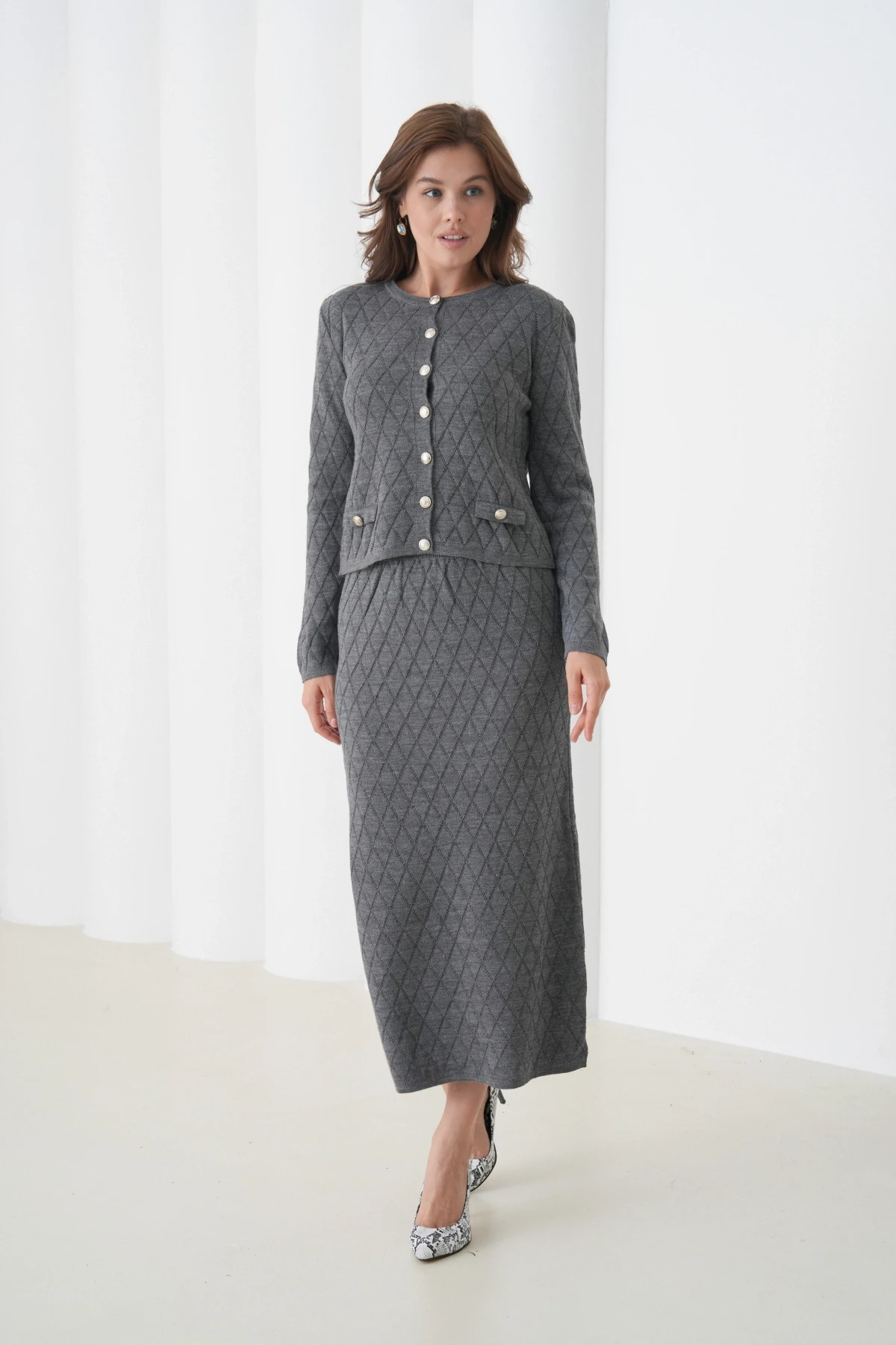 Kadın Bisiklet Yaka Düğme Detay Desenli Ceket Etek İkili Triko Takım