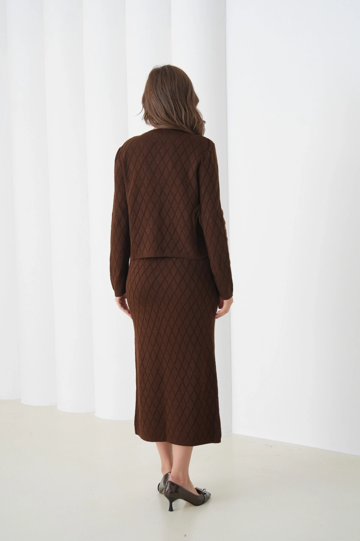 Kadın Bisiklet Yaka Düğme Detay Desenli Ceket Etek İkili Triko Takım