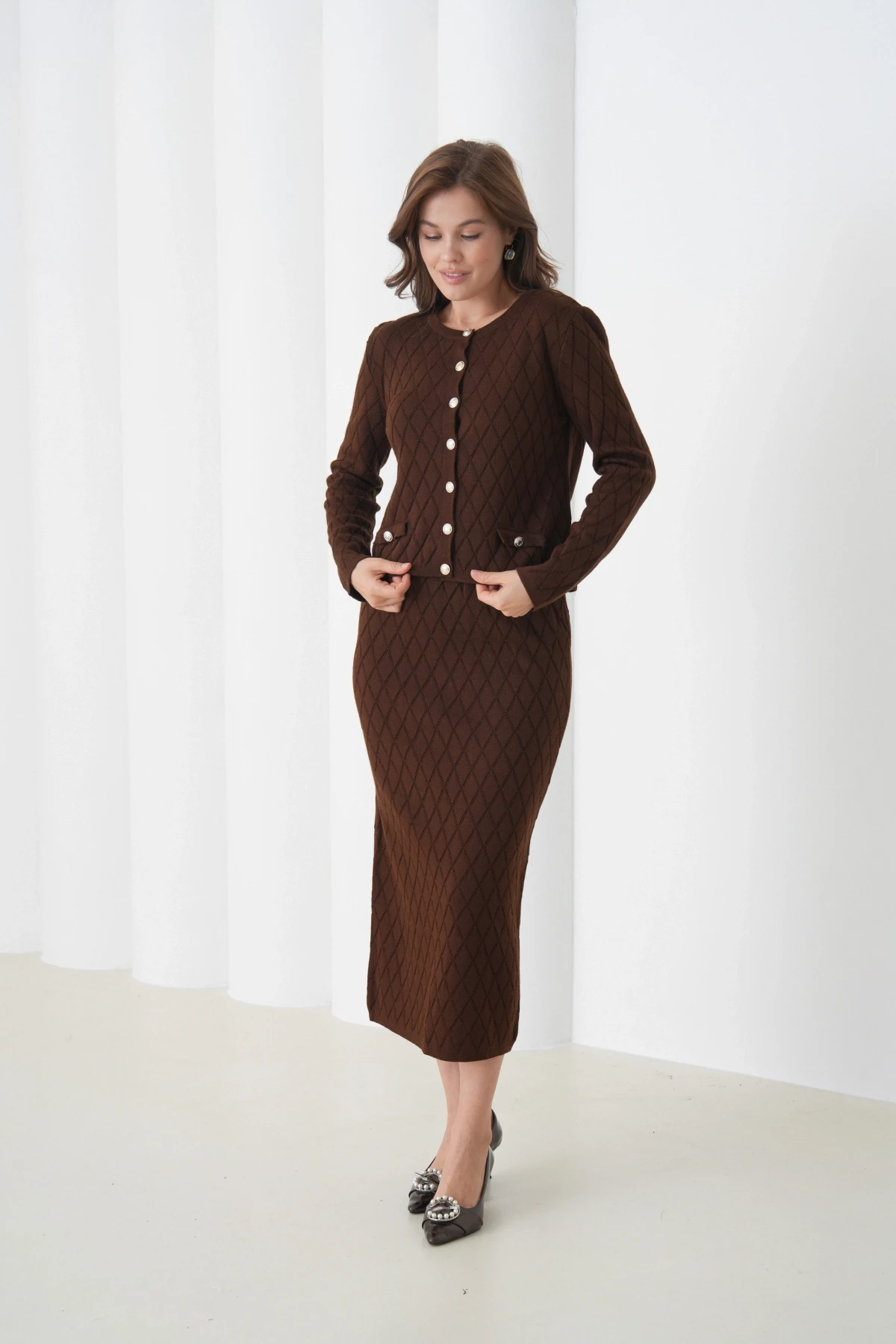 Kadın Bisiklet Yaka Düğme Detay Desenli Ceket Etek İkili Triko Takım