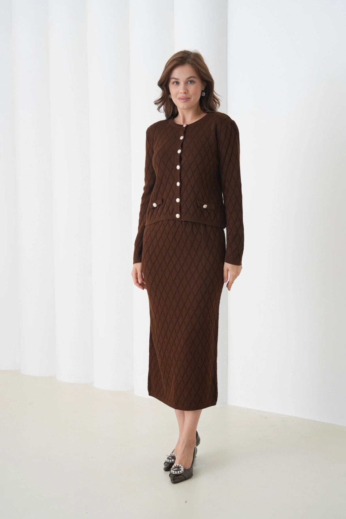 Kadın Bisiklet Yaka Düğme Detay Desenli Ceket Etek İkili Triko Takım