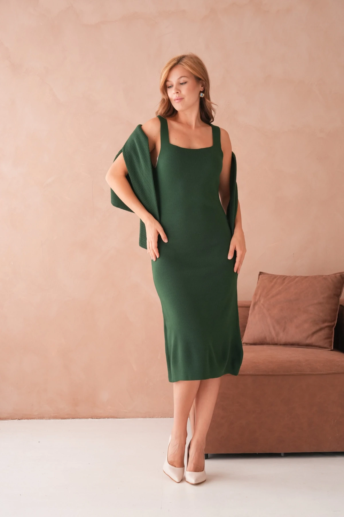 Kadın Bisiklet Yaka Düğme Detay Dokulu Ceket Elbise İkili Triko Takım