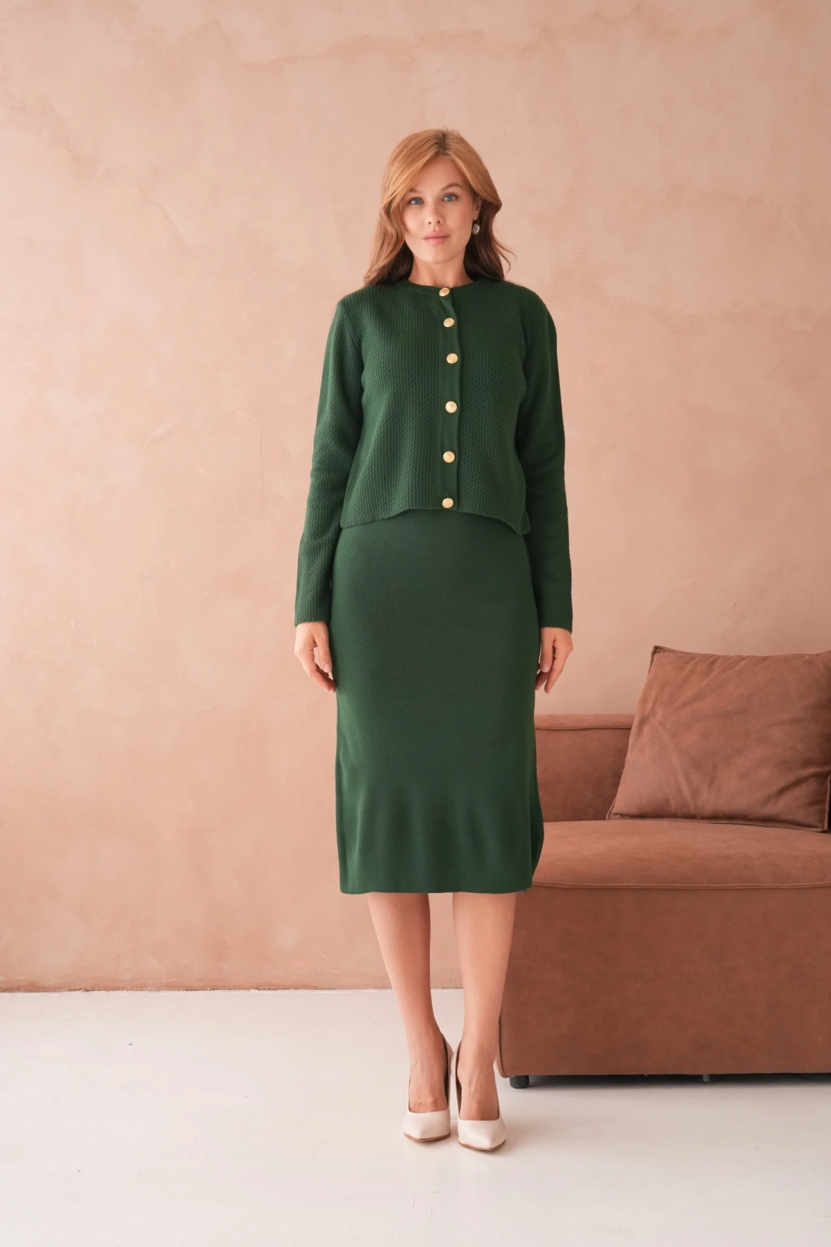 Kadın Bisiklet Yaka Düğme Detay Dokulu Ceket Elbise İkili Triko Takım