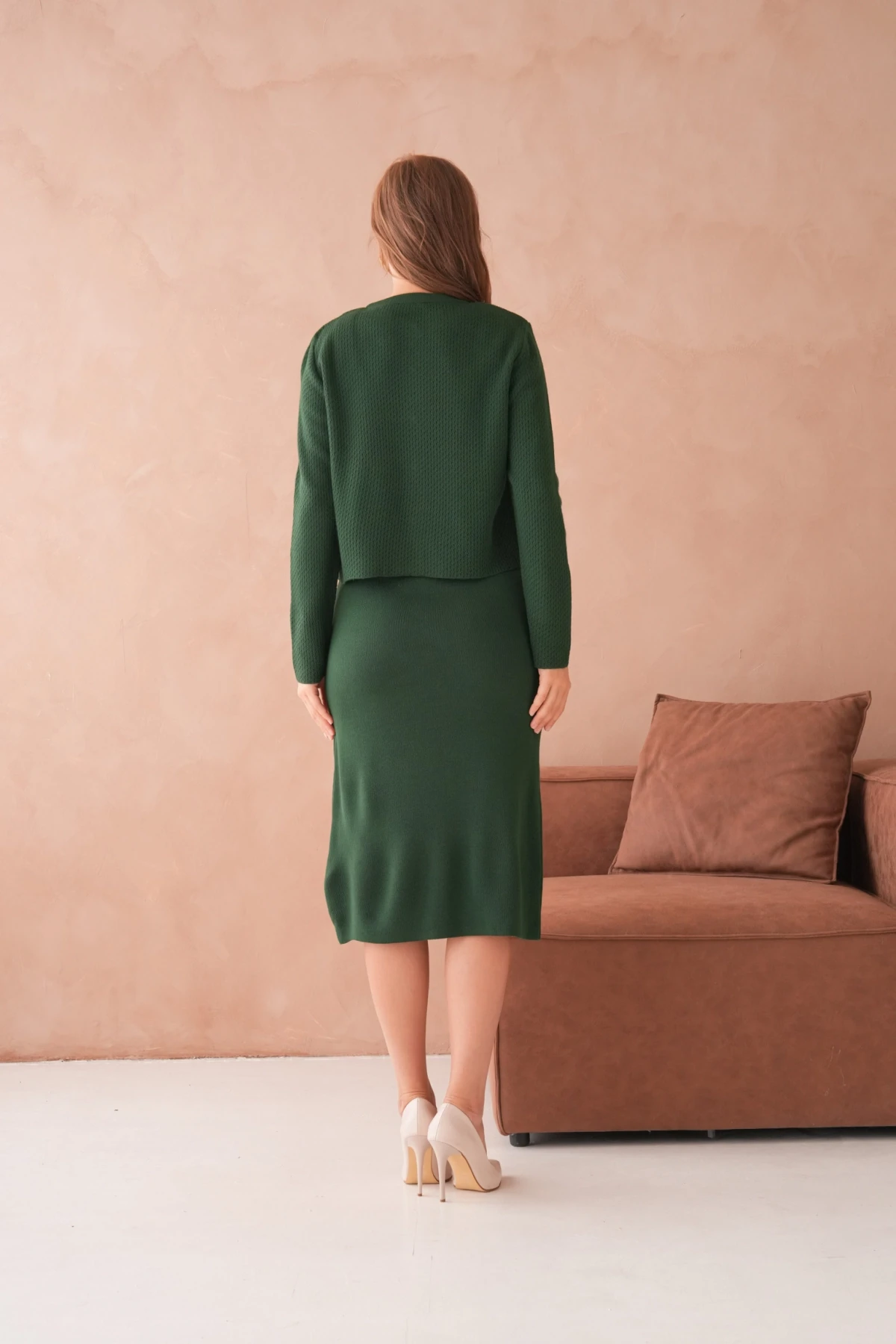 Kadın Bisiklet Yaka Düğme Detay Dokulu Ceket Elbise İkili Triko Takım