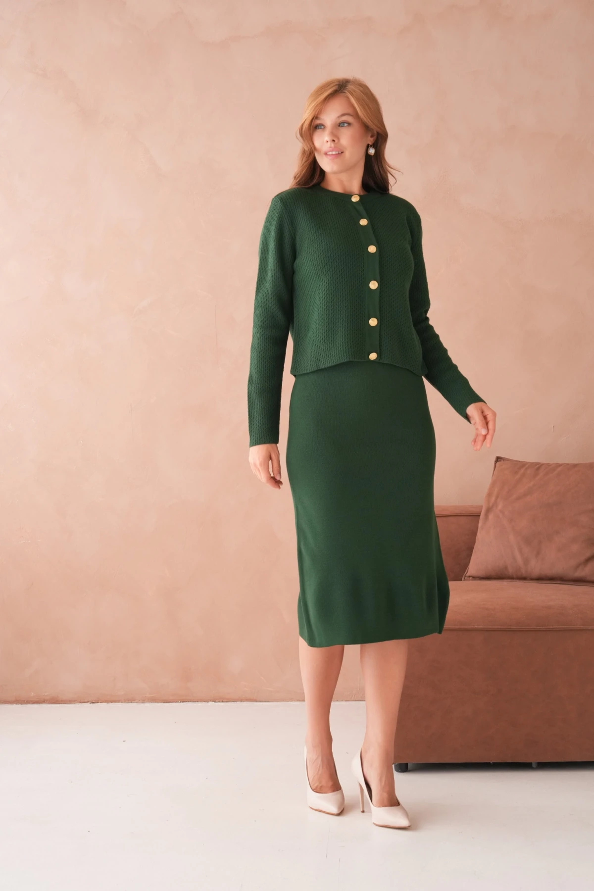 Kadın Bisiklet Yaka Düğme Detay Dokulu Ceket Elbise İkili Triko Takım