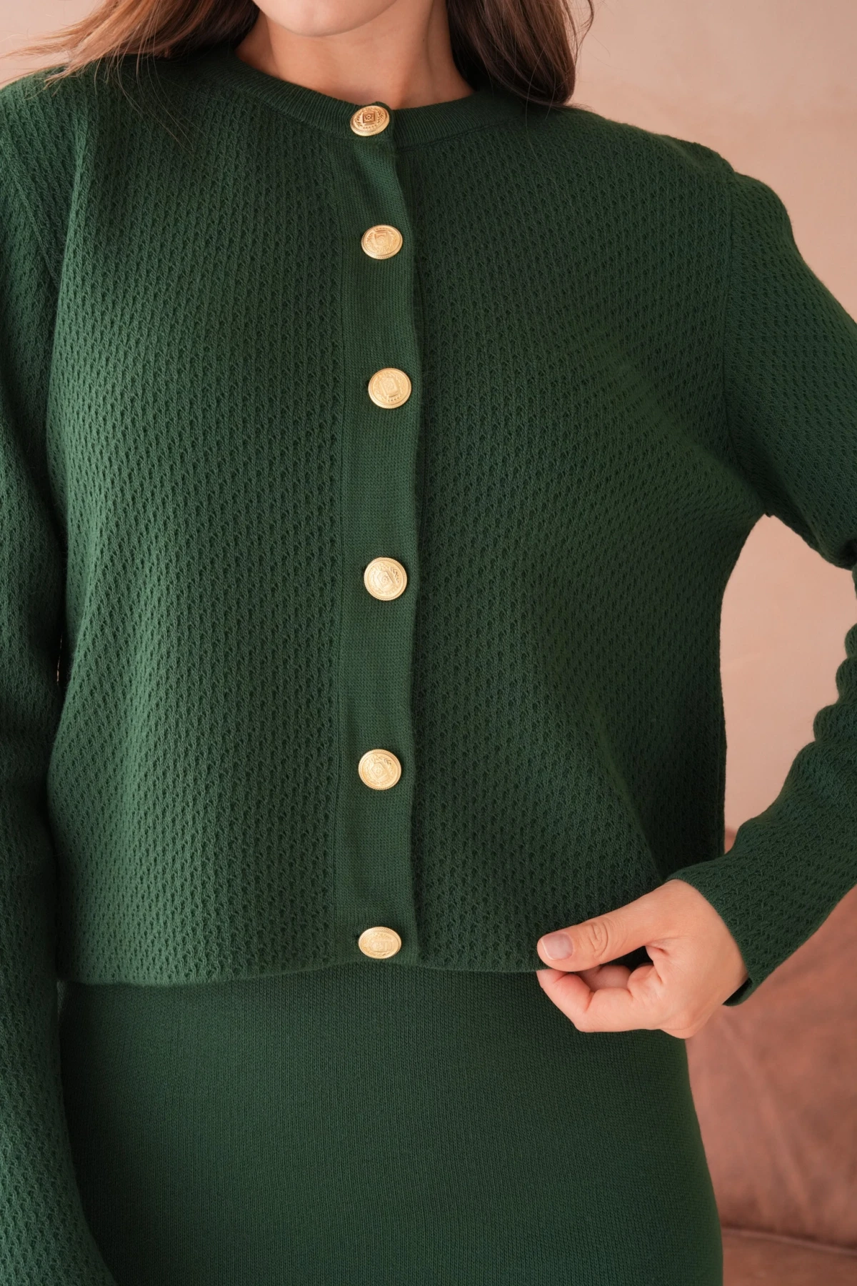 Kadın Bisiklet Yaka Düğme Detay Dokulu Ceket Elbise İkili Triko Takım