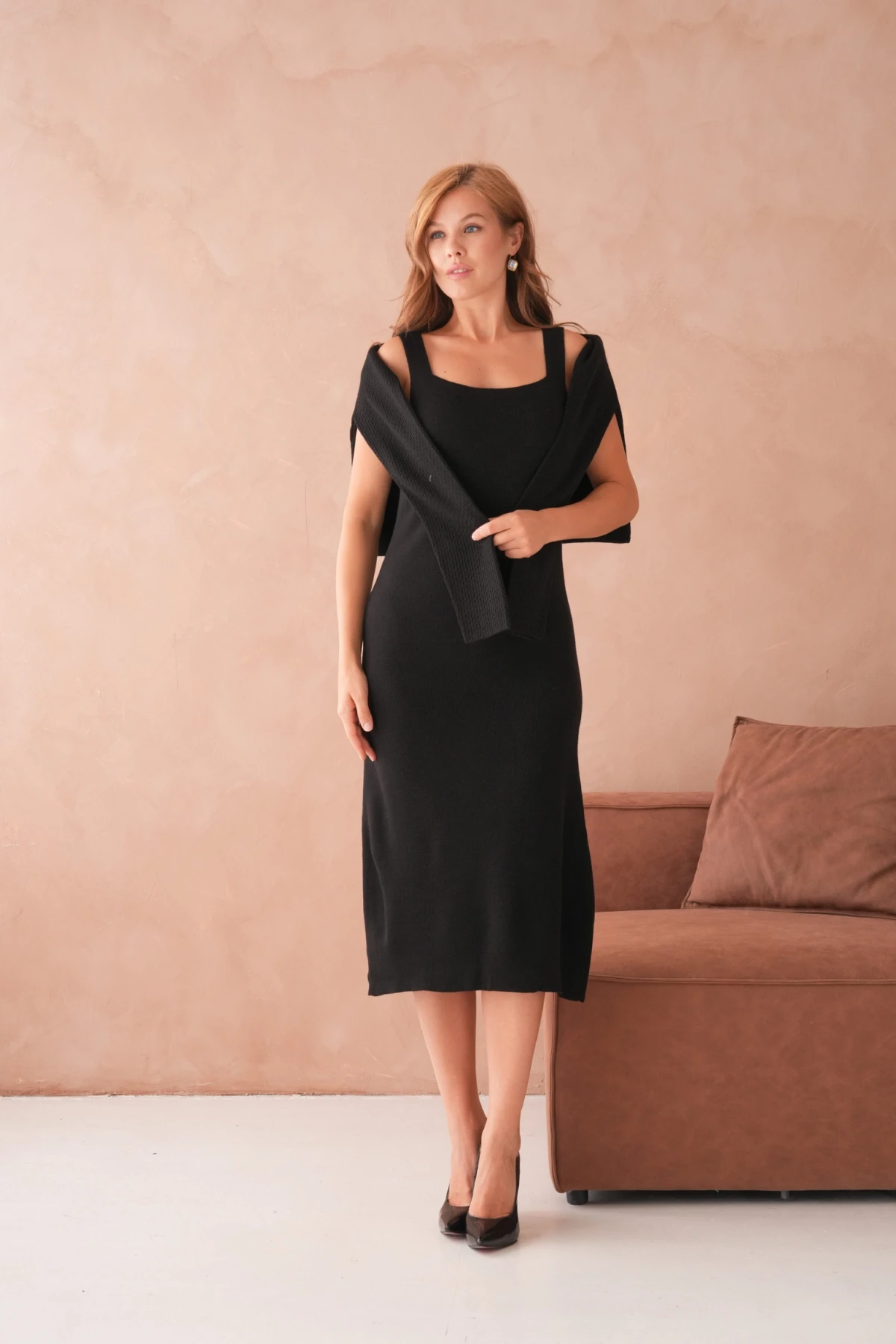 Kadın Bisiklet Yaka Düğme Detay Dokulu Ceket Elbise İkili Triko Takım