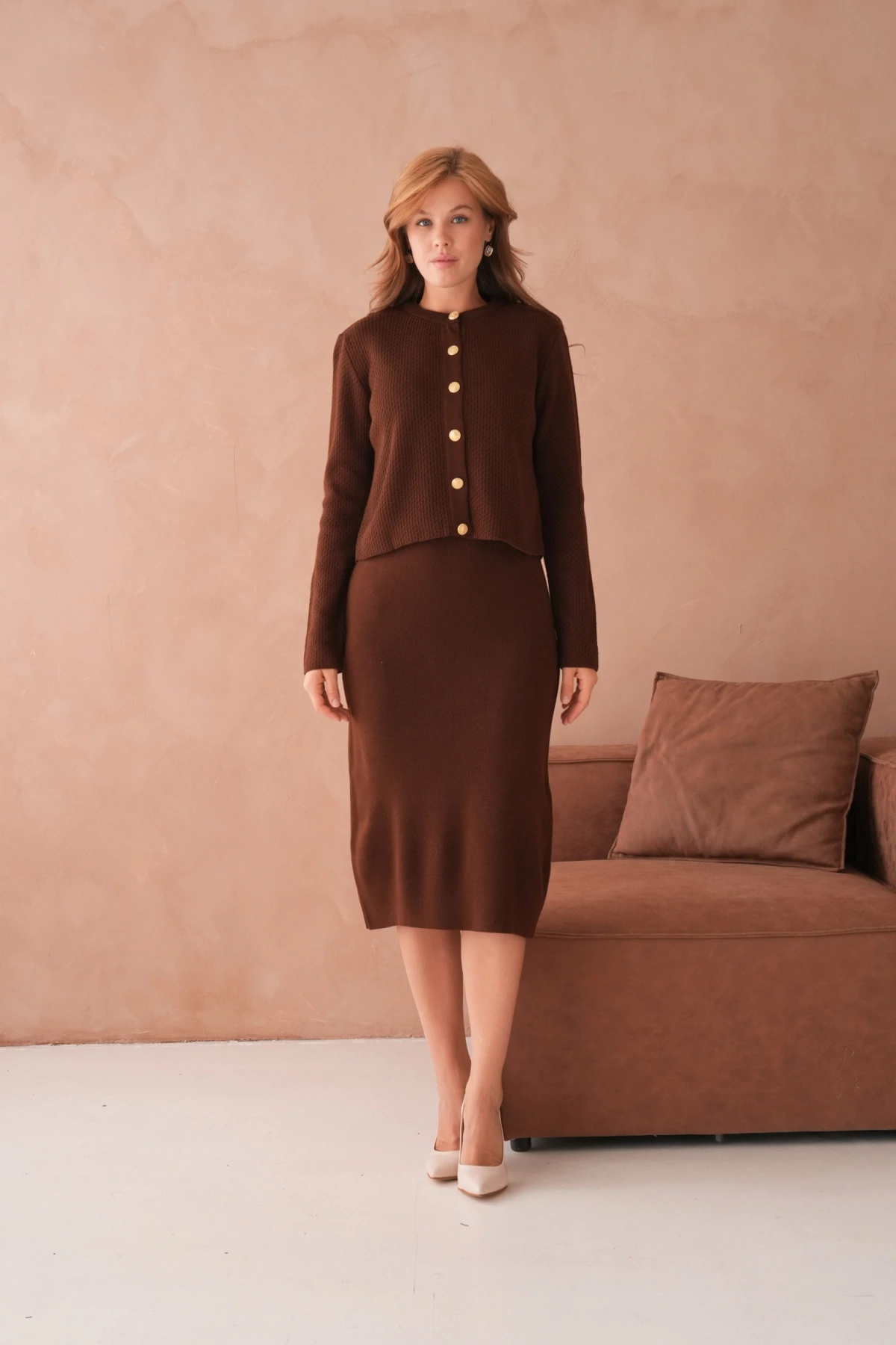 Kadın Bisiklet Yaka Düğme Detay Dokulu Ceket Elbise İkili Triko Takım