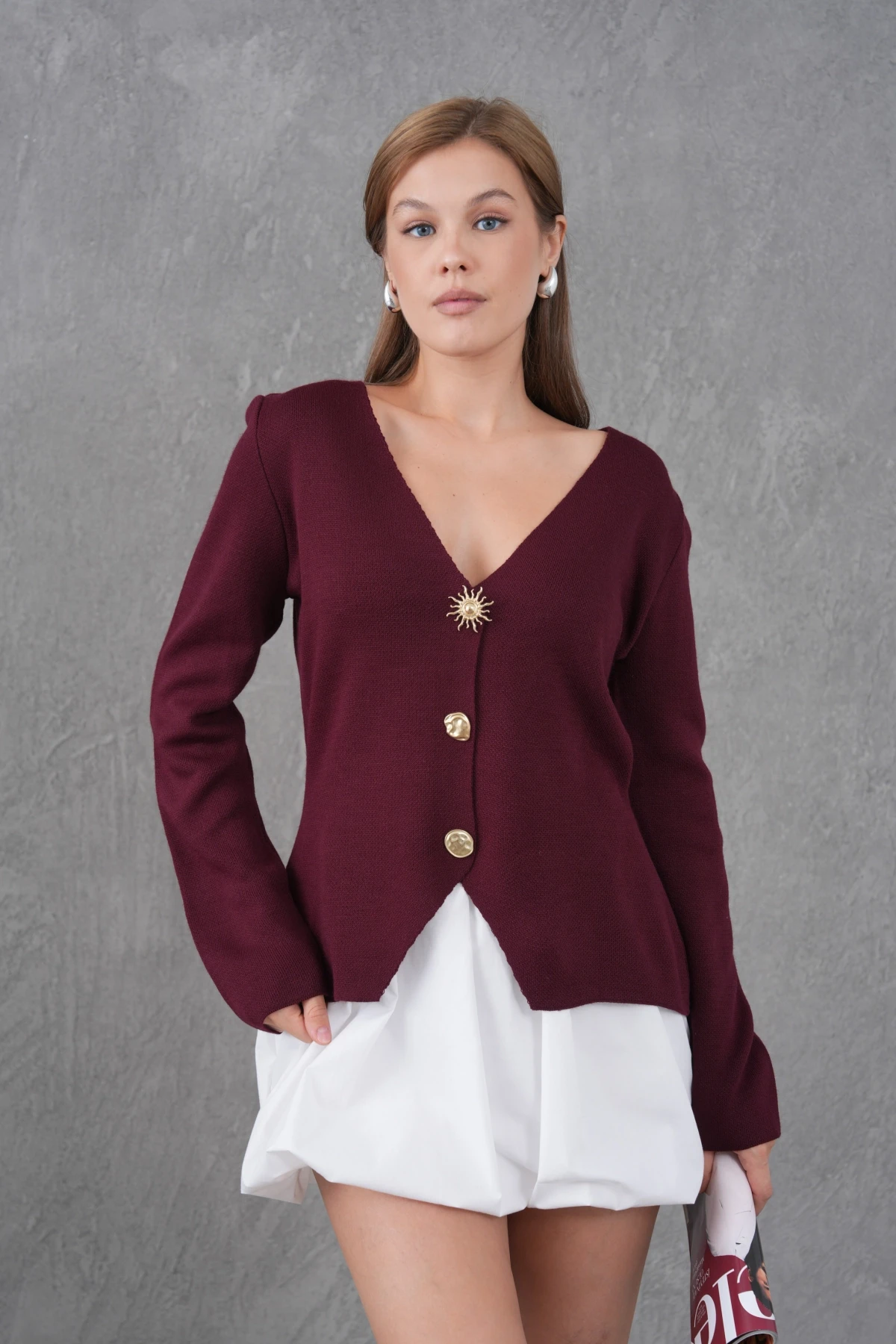 Kadın Bisiklet Yaka Düğme Detay Yumuşak Dokulu Triko Ceket 12315