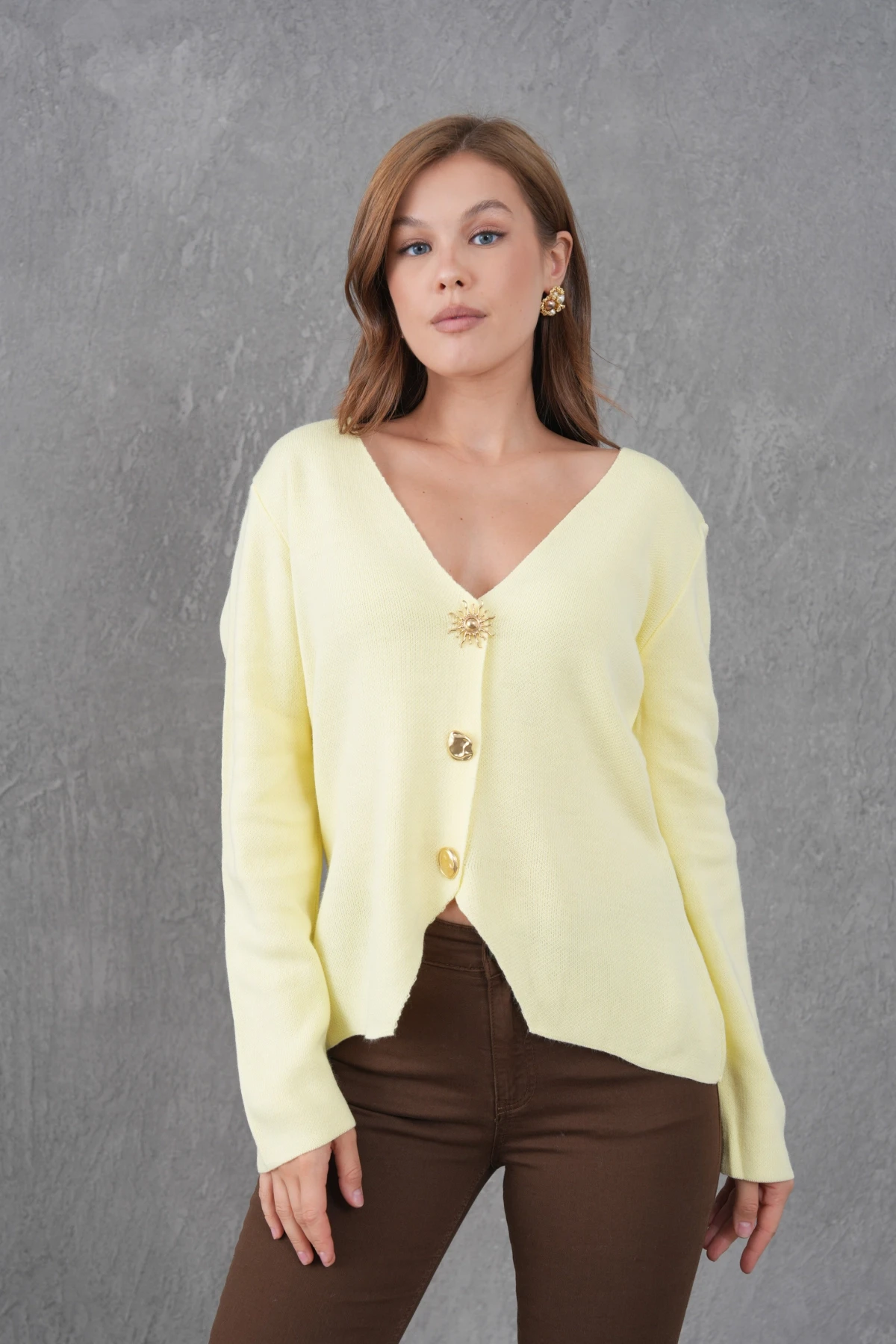 Kadın Bisiklet Yaka Düğme Detay Yumuşak Dokulu Triko Ceket 12315