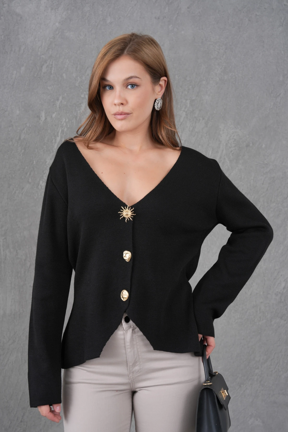 Kadın Bisiklet Yaka Düğme Detay Yumuşak Dokulu Triko Ceket 12315