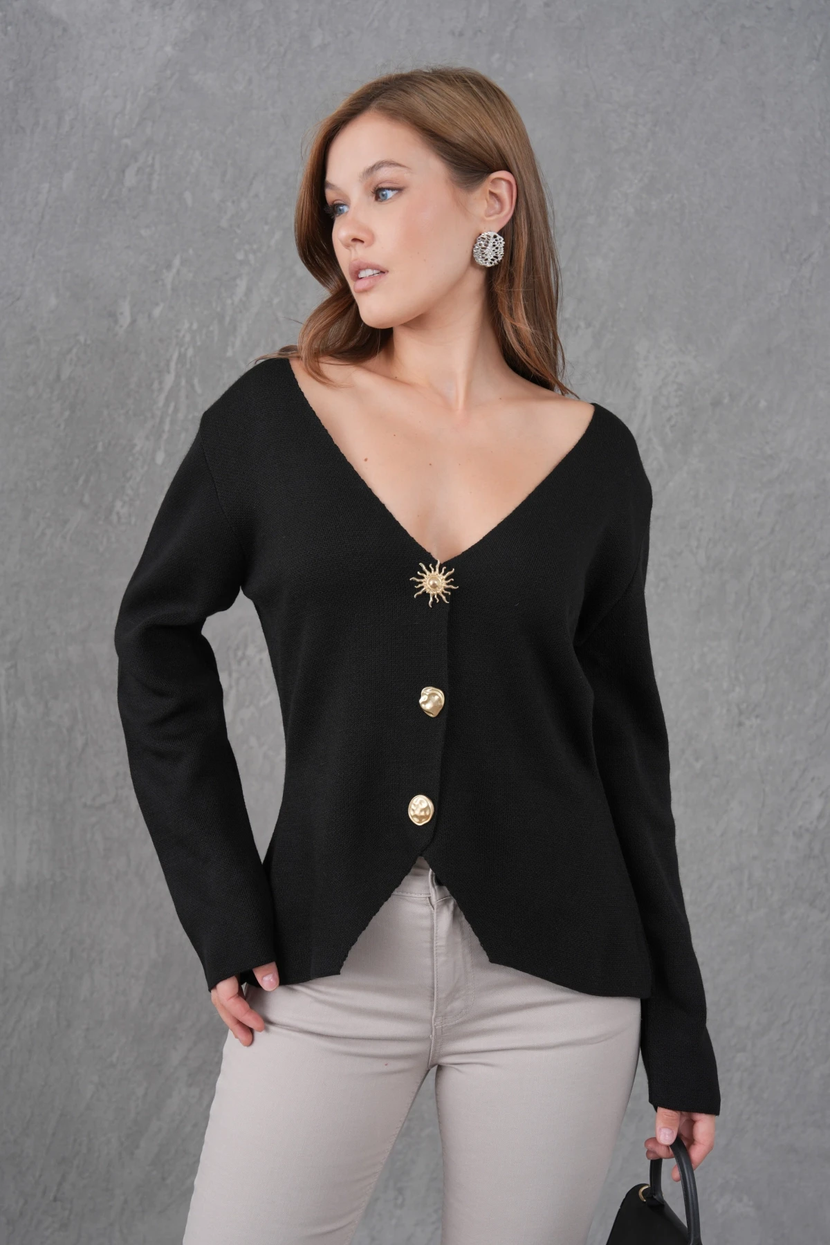 Kadın Bisiklet Yaka Düğme Detay Yumuşak Dokulu Triko Ceket 12315