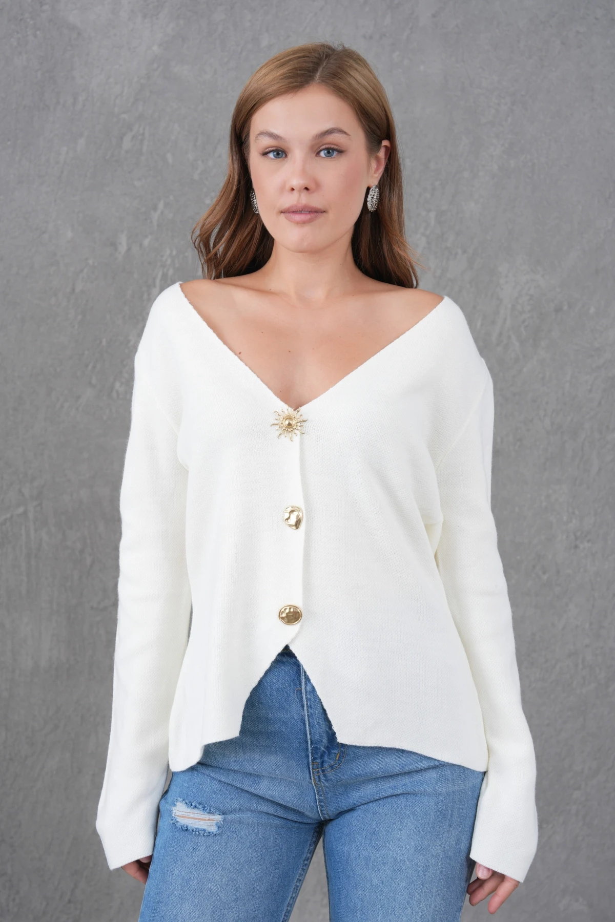 Kadın Bisiklet Yaka Düğme Detay Yumuşak Dokulu Triko Ceket 12315