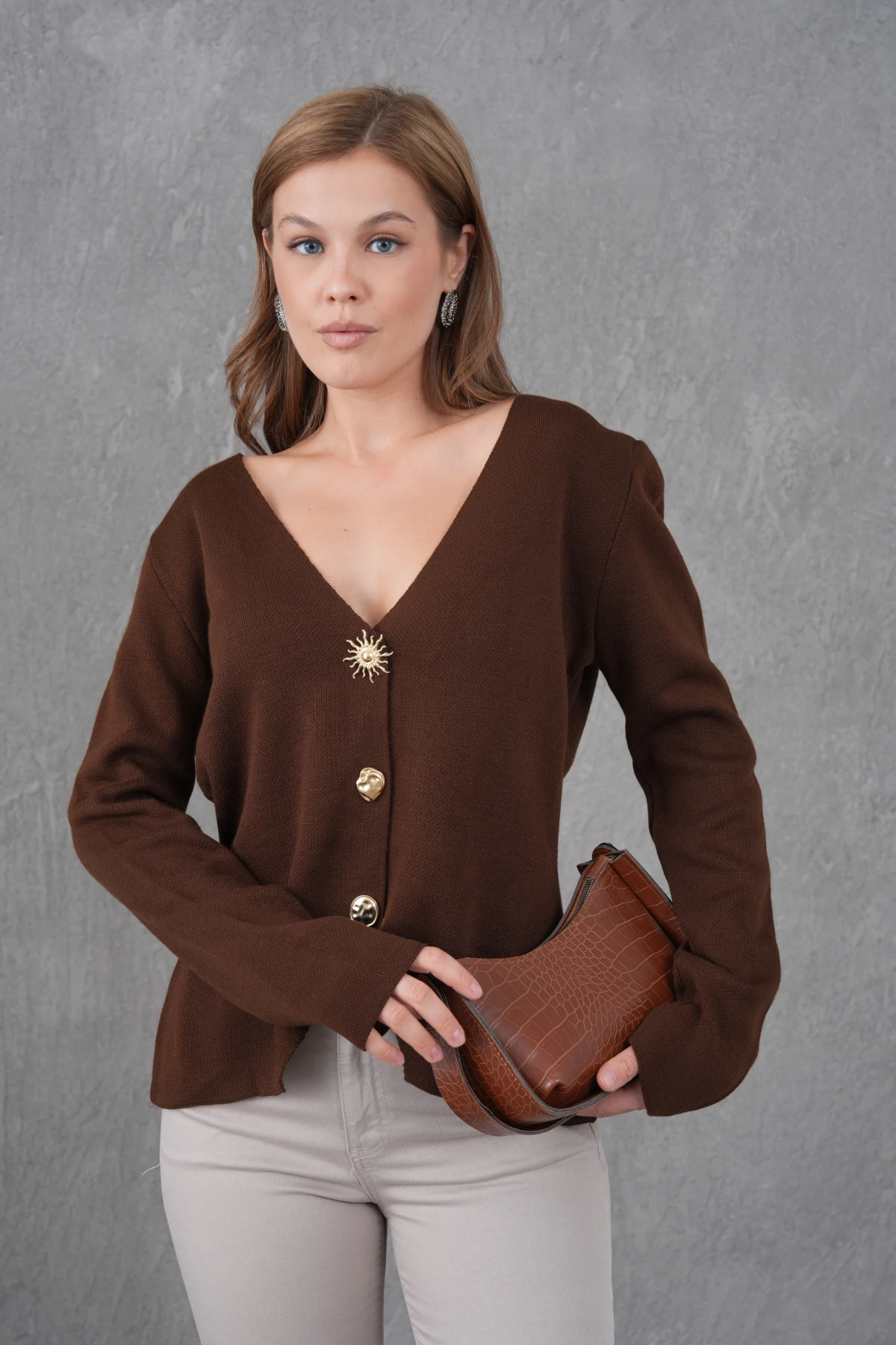 Kadın Bisiklet Yaka Düğme Detay Yumuşak Dokulu Triko Ceket 12315