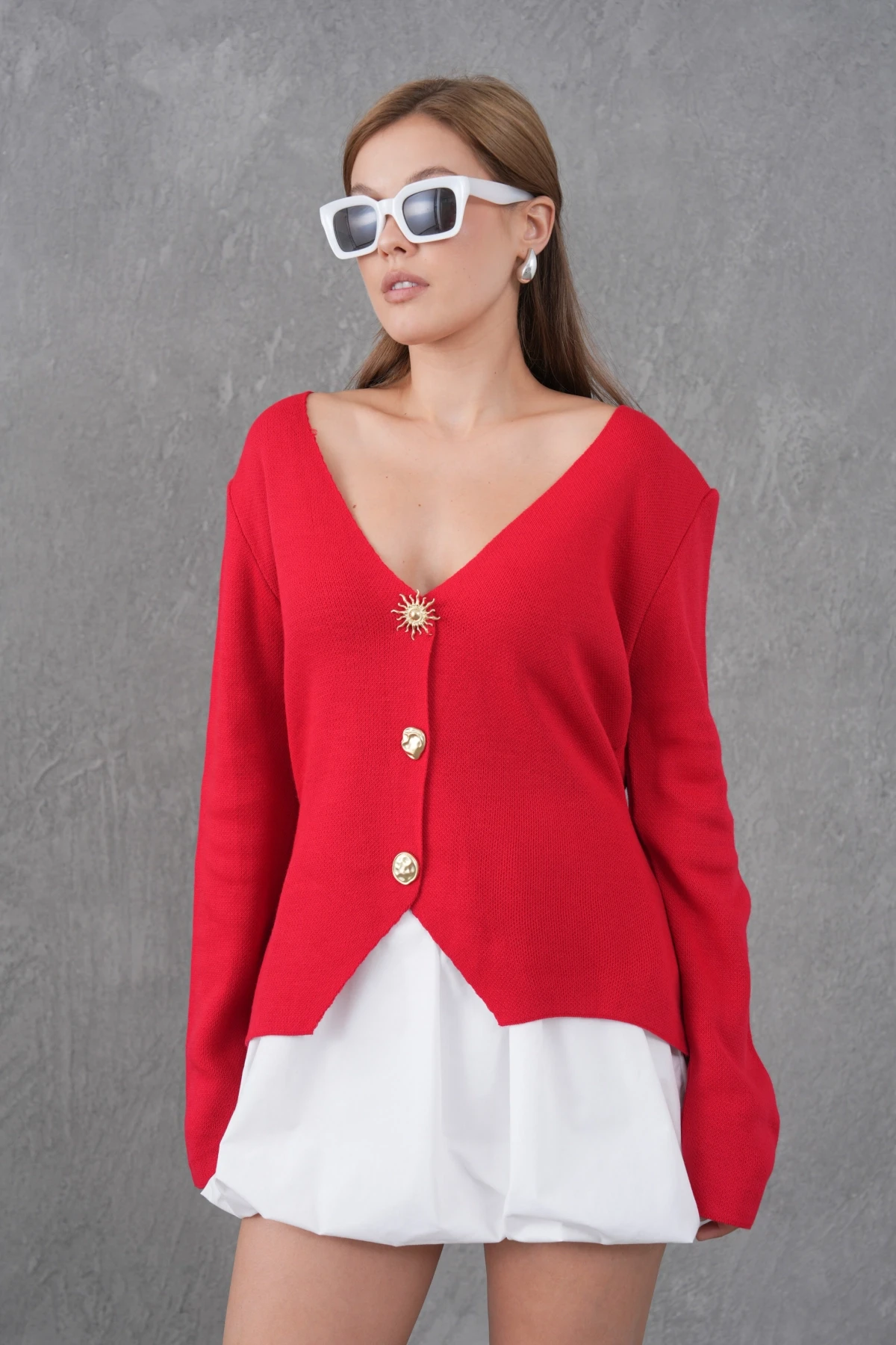 Kadın Bisiklet Yaka Düğme Detay Yumuşak Dokulu Triko Ceket 12315