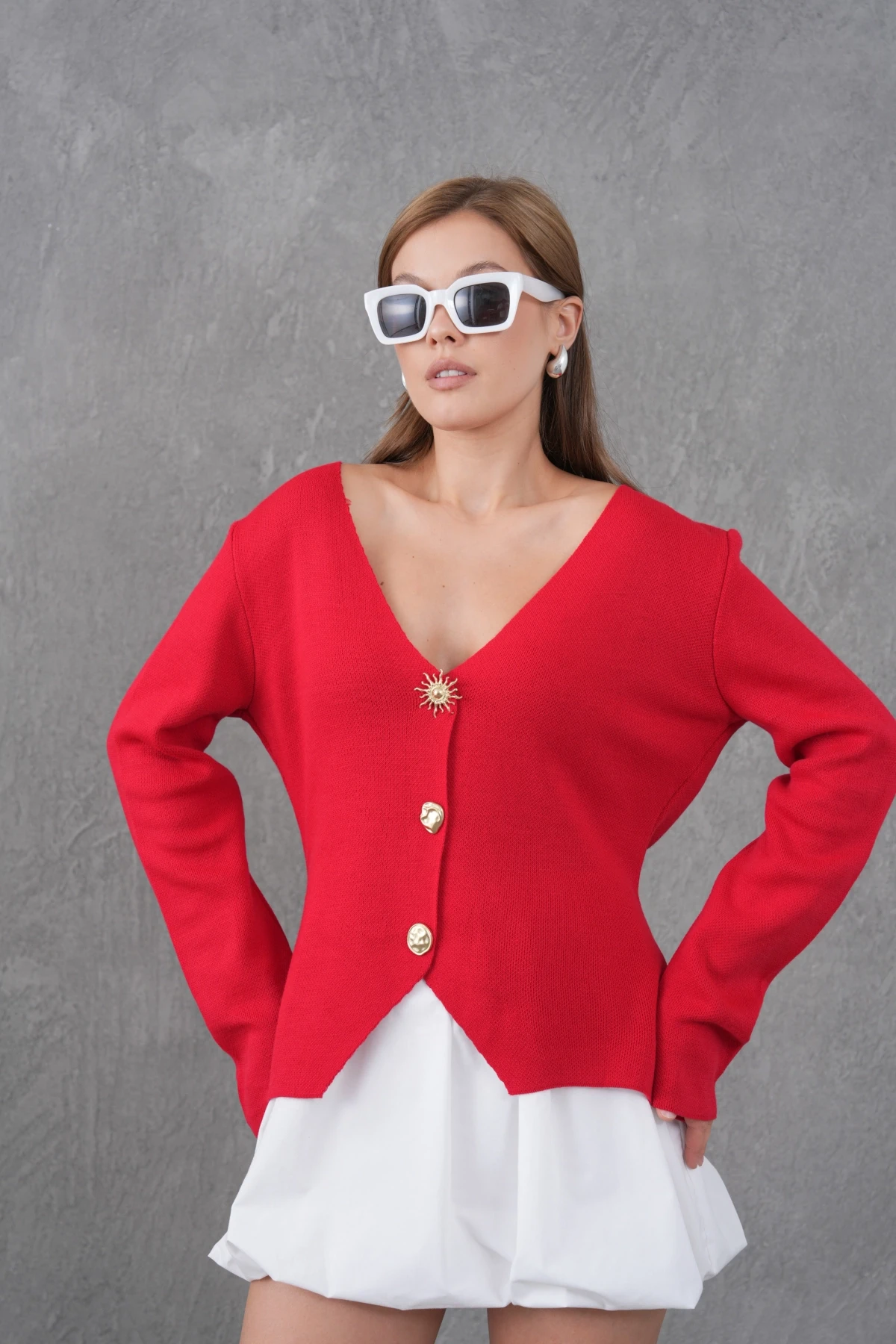 Kadın Bisiklet Yaka Düğme Detay Yumuşak Dokulu Triko Ceket 12315