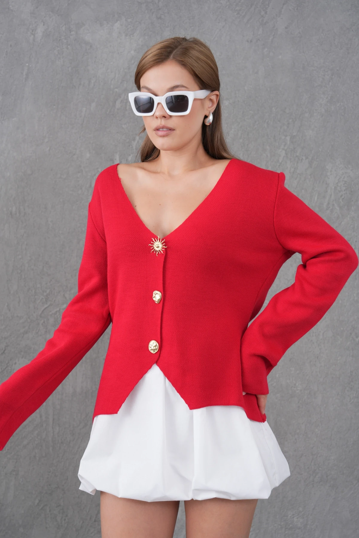 Kadın Bisiklet Yaka Düğme Detay Yumuşak Dokulu Triko Ceket 12315