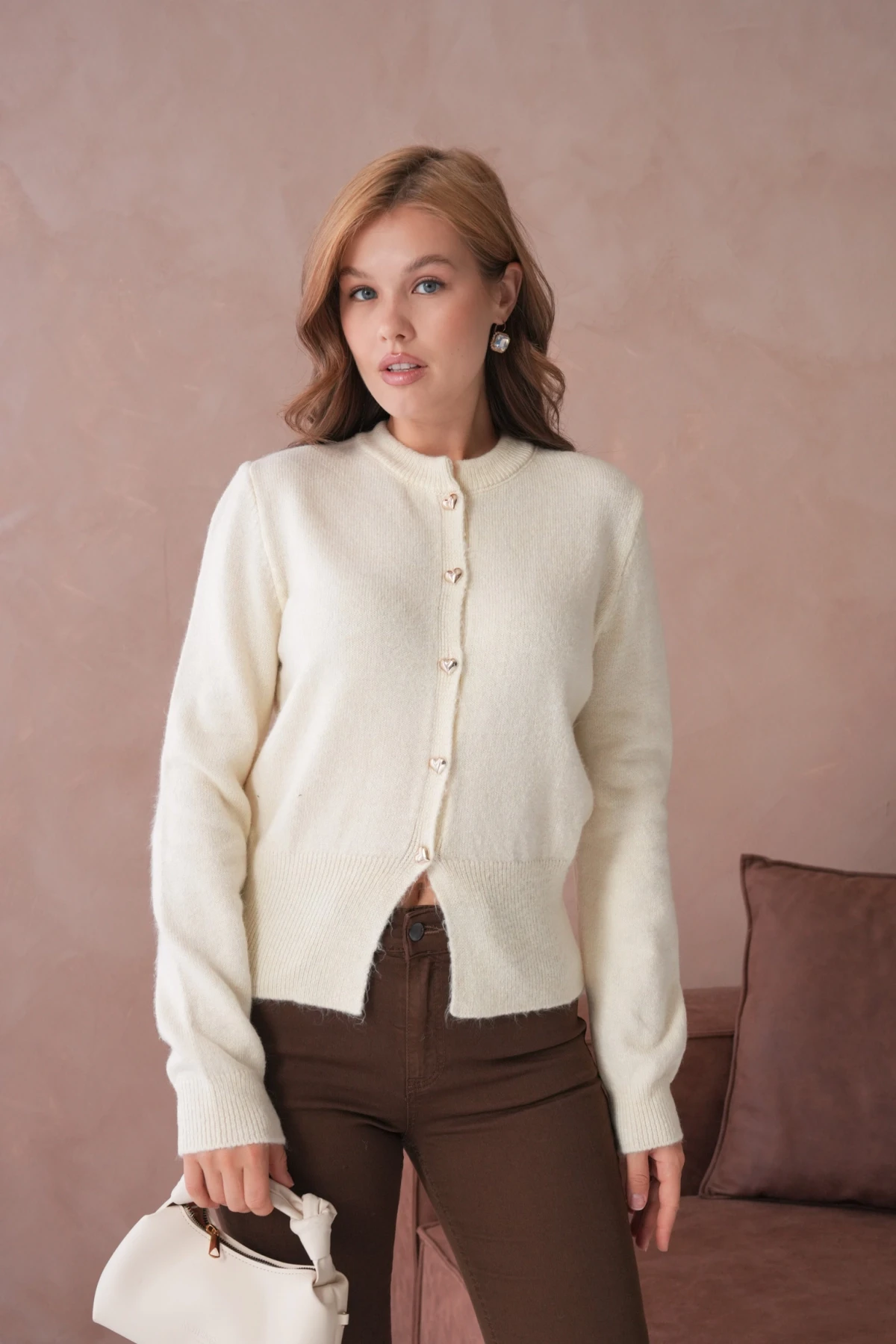 Kadın Bisiklet Yaka Düğme Detaylı Triko Hırka