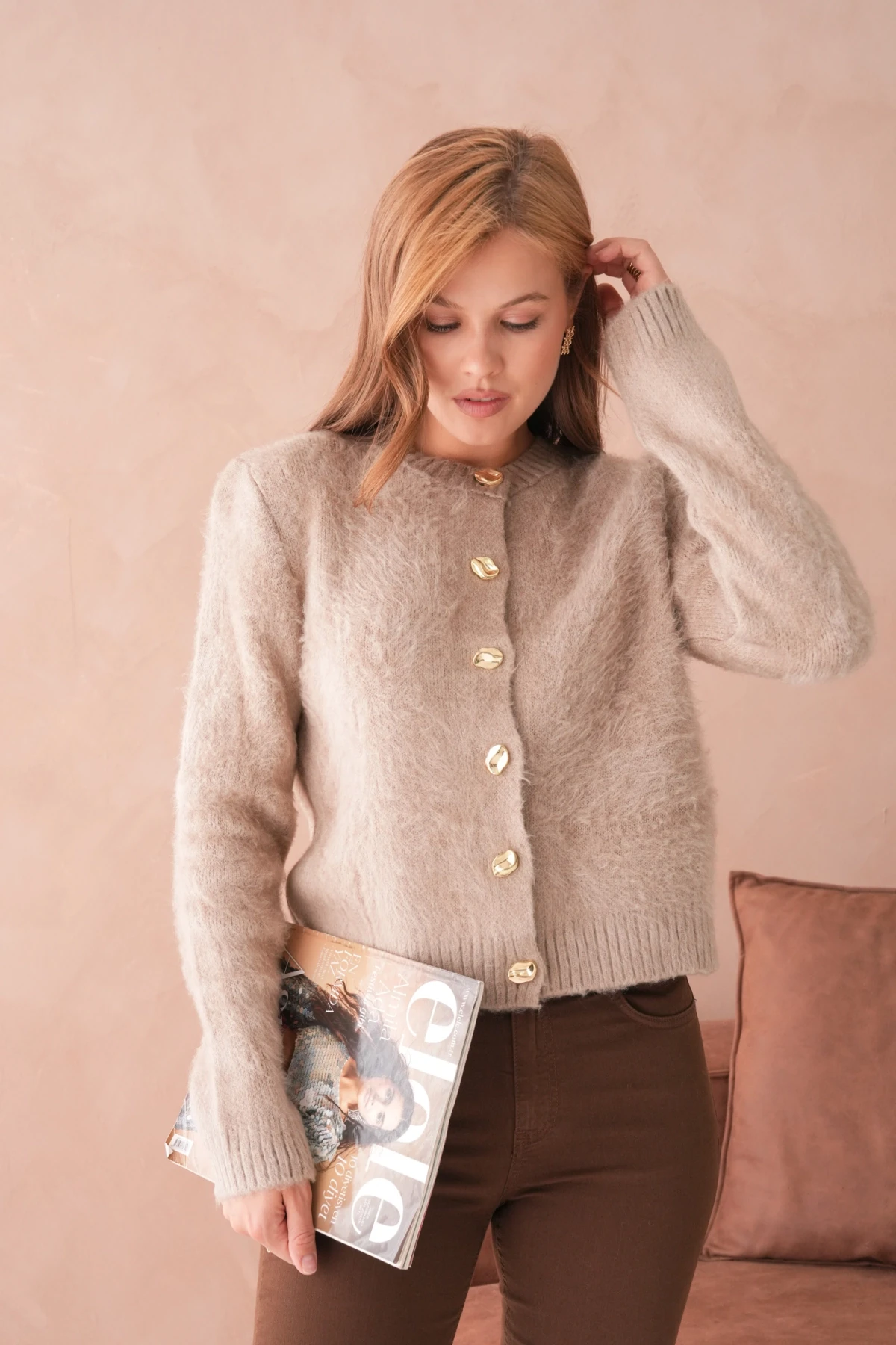 Kadın Bisiklet Yaka Düğme Detaylı Yumuşak Dokulu Şardonlu Triko Ceket