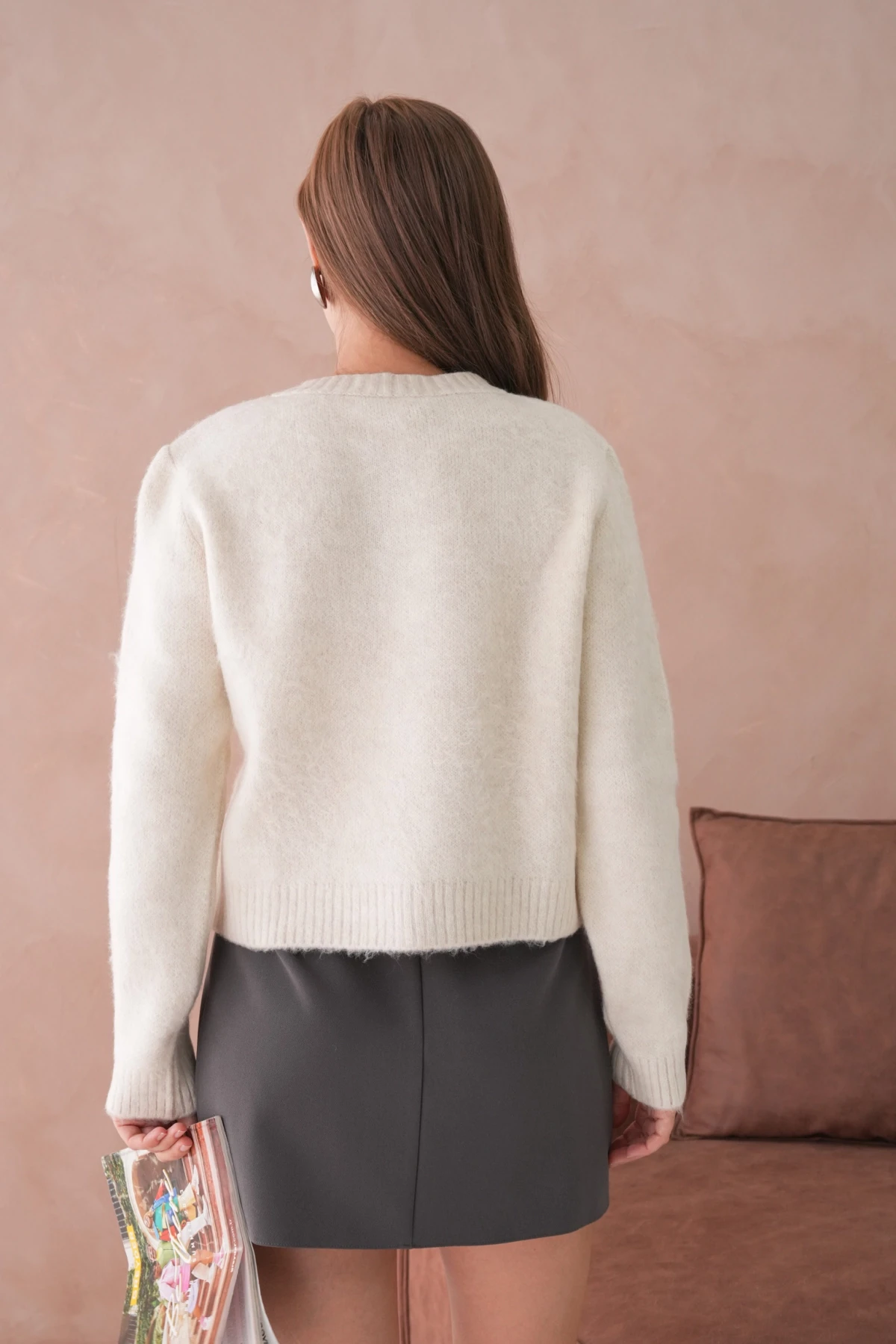 Kadın Bisiklet Yaka Düğme Detaylı Yumuşak Dokulu Şardonlu Triko Ceket