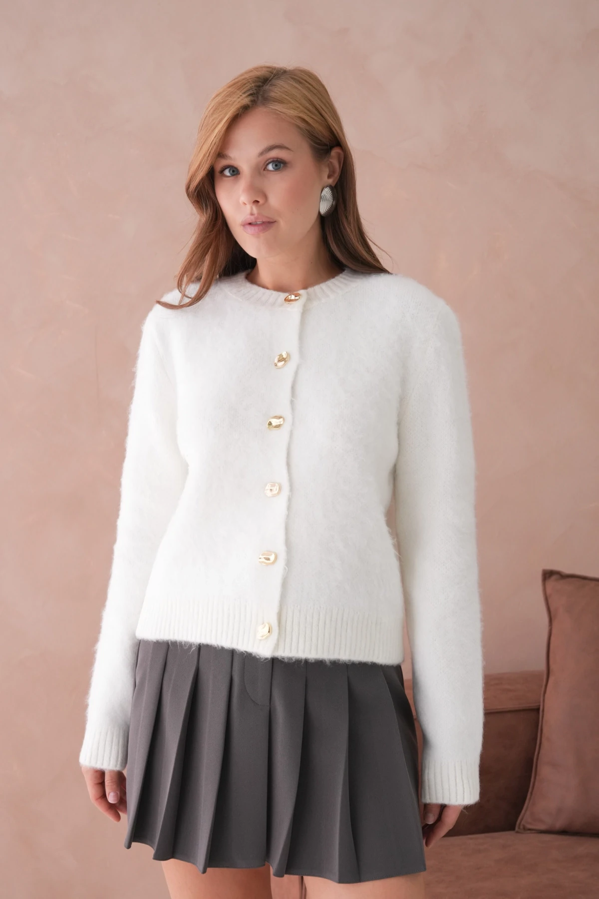 Kadın Bisiklet Yaka Düğme Detaylı Yumuşak Dokulu Şardonlu Triko Ceket