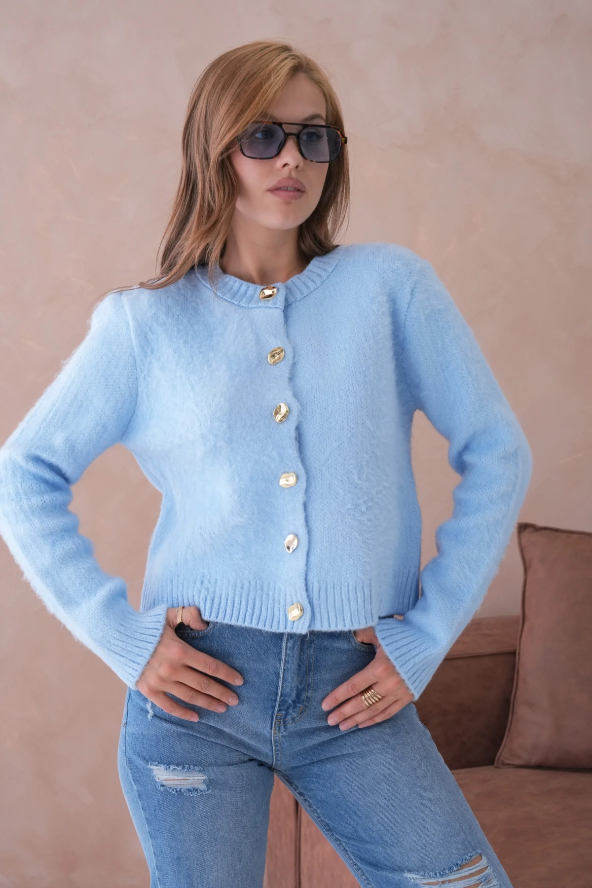 Kadın Bisiklet Yaka Düğme Detaylı Yumuşak Dokulu Şardonlu Triko Ceket