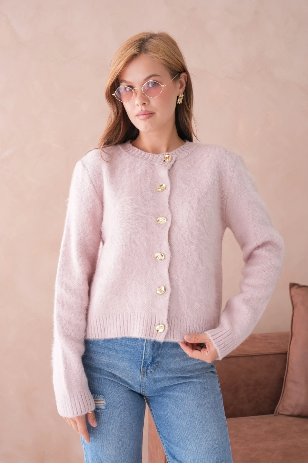 Kadın Bisiklet Yaka Düğme Detaylı Yumuşak Dokulu Şardonlu Triko Ceket