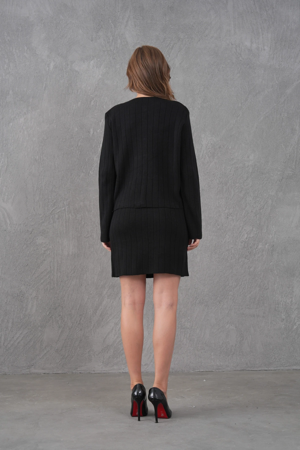 Kadın Bisiklet Yaka Düğme Kapama Ceket Etek İkili Triko Takım