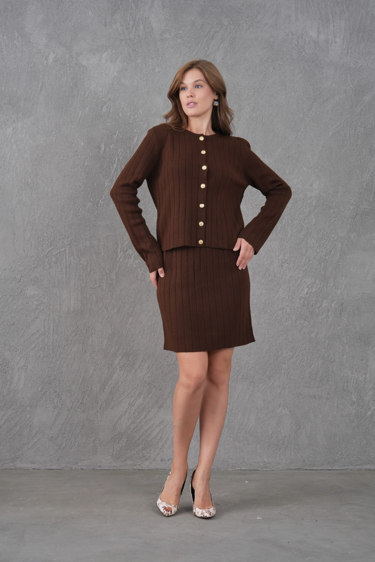 Kadın Bisiklet Yaka Düğme Kapama Ceket Etek İkili Triko Takım