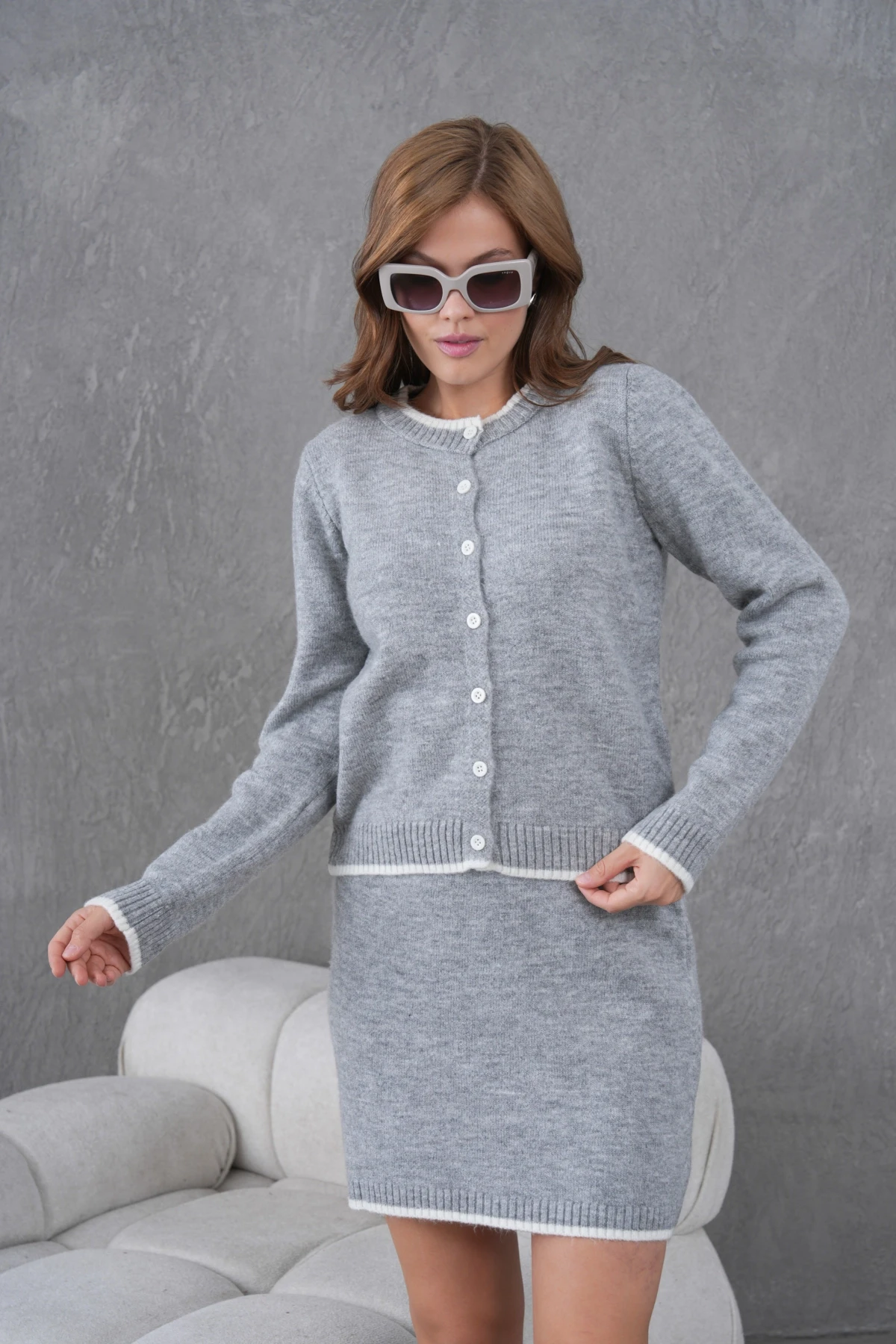 Kadın Bisiklet Yaka Düğme Kapama Ceket Etek İkili Triko Takım