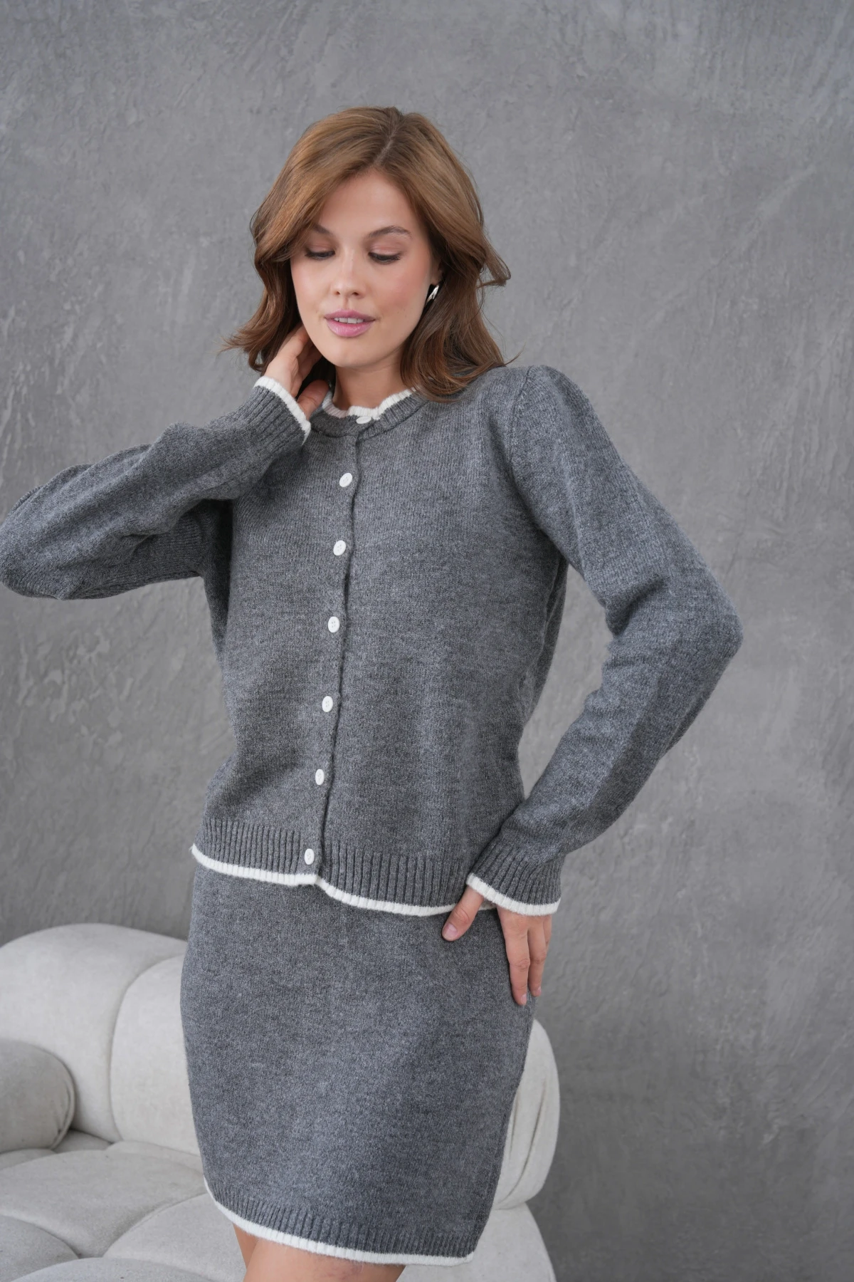 Kadın Bisiklet Yaka Düğme Kapama Ceket Etek İkili Triko Takım