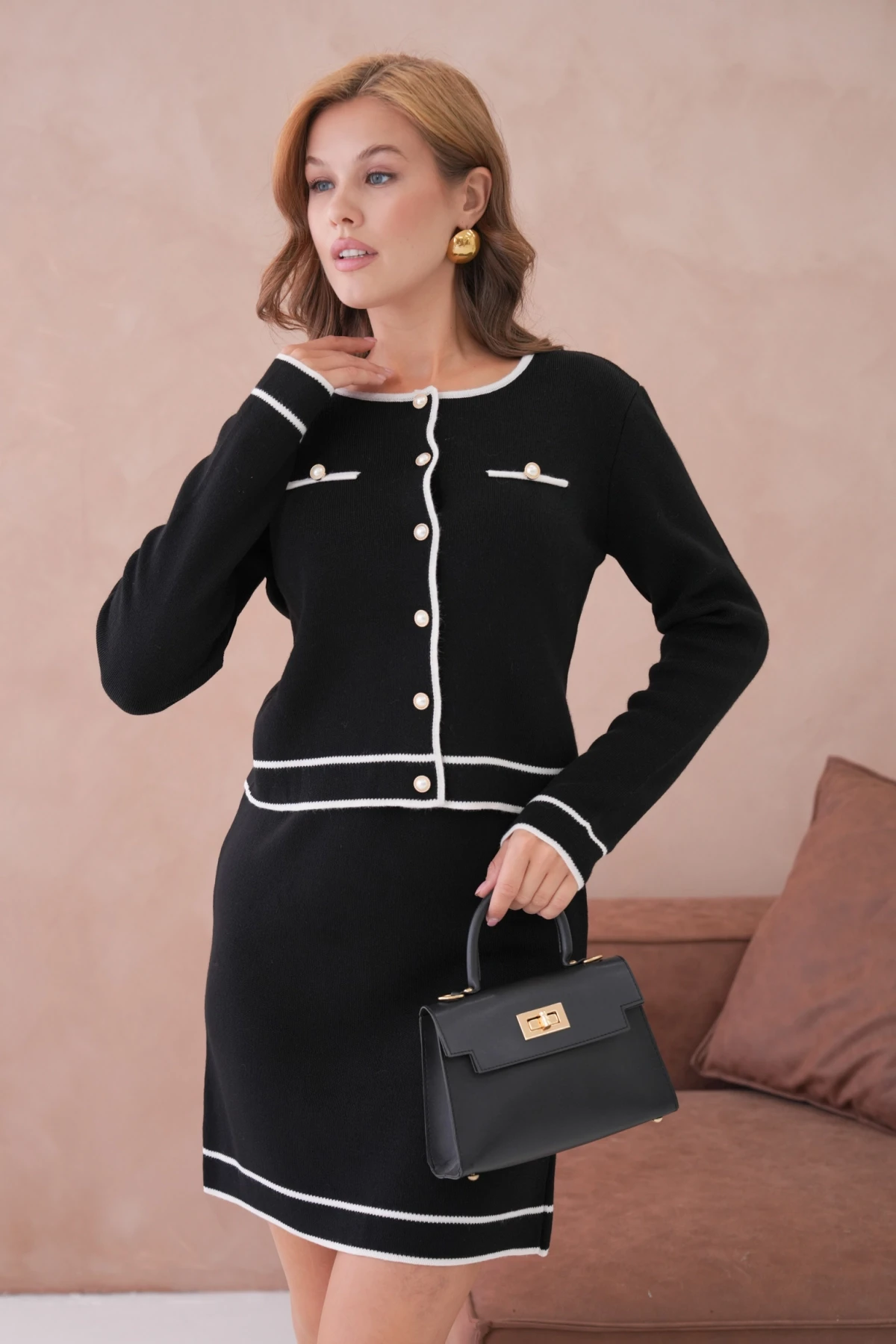 Kadın Bisiklet Yaka Düğme Kapama Ceket Etek İkili Triko Takım