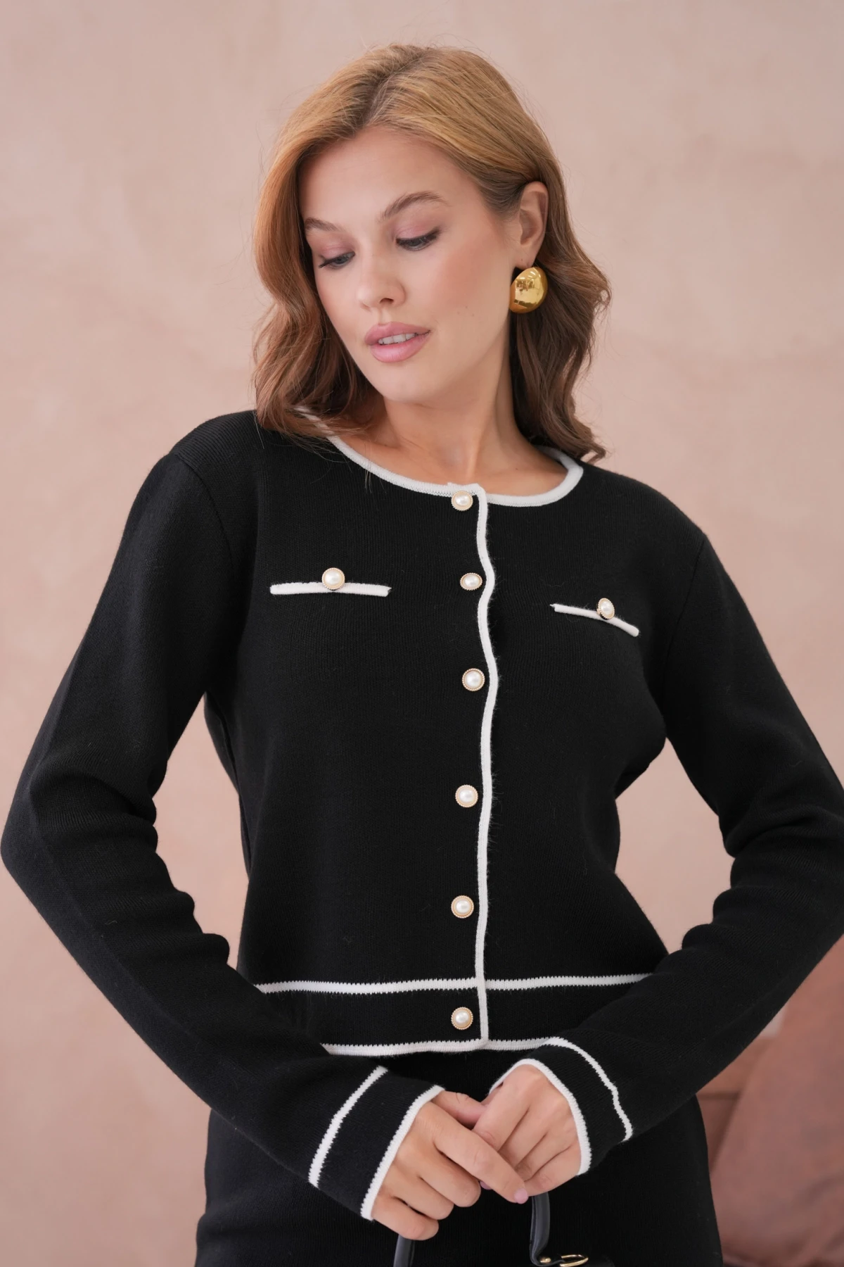 Kadın Bisiklet Yaka Düğme Kapama Ceket Etek İkili Triko Takım