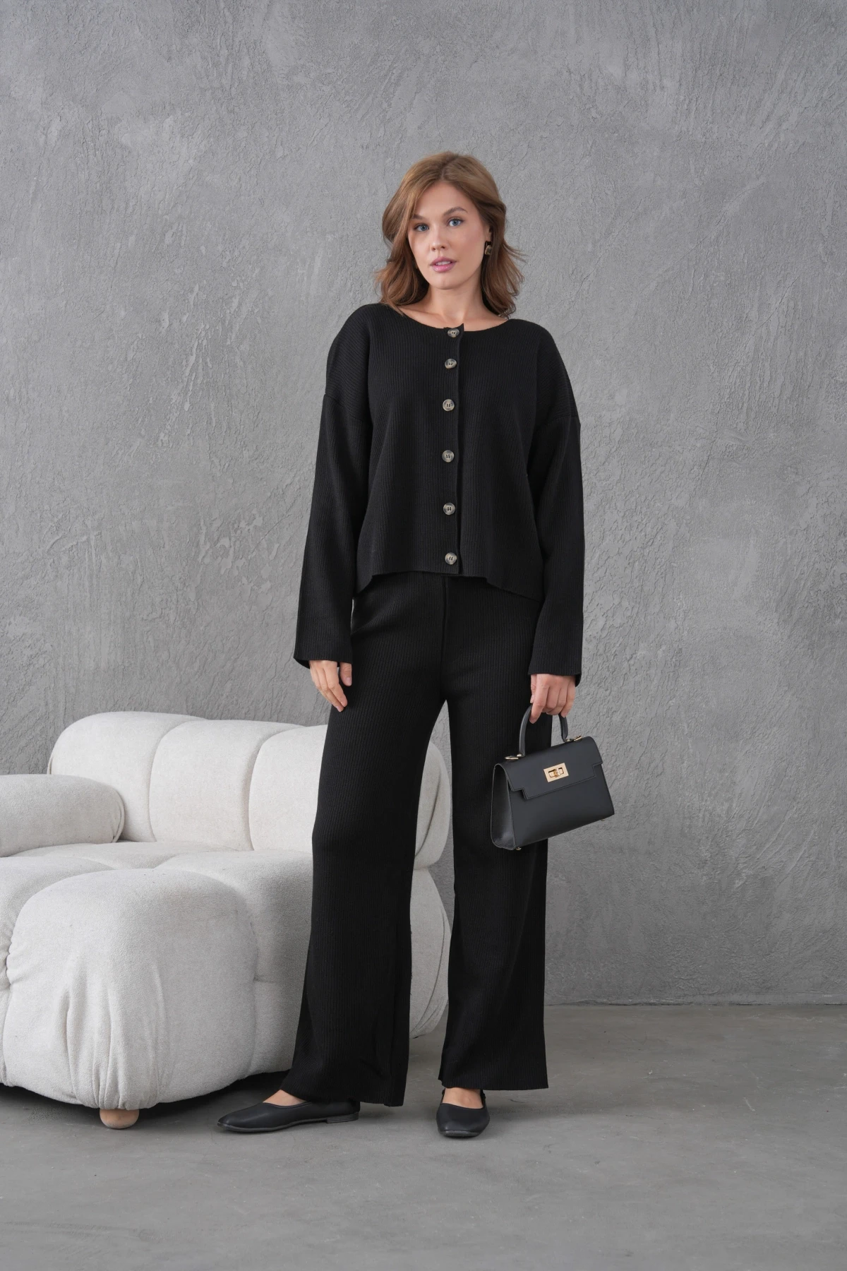 Kadın Bisiklet Yaka Düğme Kapama Kaşkorse Ceket Pantolon İkili Triko Takım