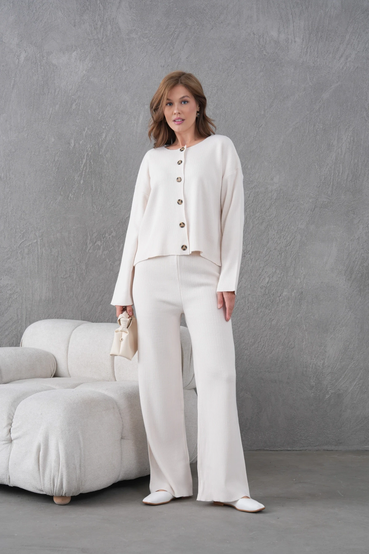 Kadın Bisiklet Yaka Düğme Kapama Kaşkorse Ceket Pantolon İkili Triko Takım