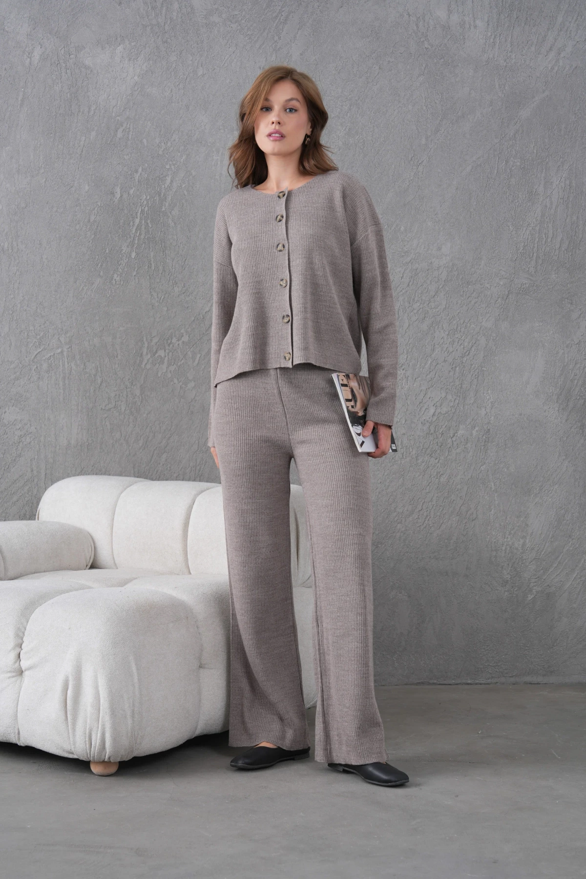 Kadın Bisiklet Yaka Düğme Kapama Kaşkorse Ceket Pantolon İkili Triko Takım