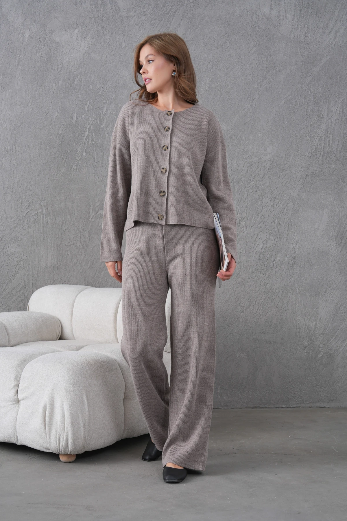 Kadın Bisiklet Yaka Düğme Kapama Kaşkorse Ceket Pantolon İkili Triko Takım