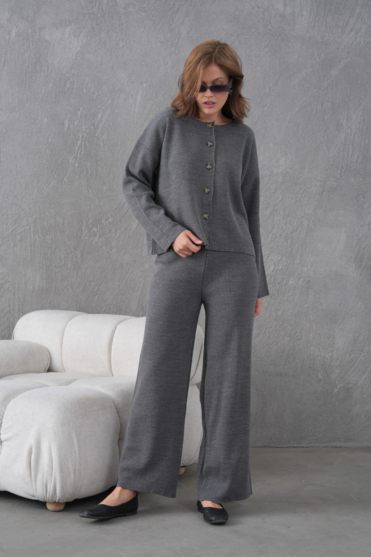 Kadın Bisiklet Yaka Düğme Kapama Kaşkorse Ceket Pantolon İkili Triko Takım