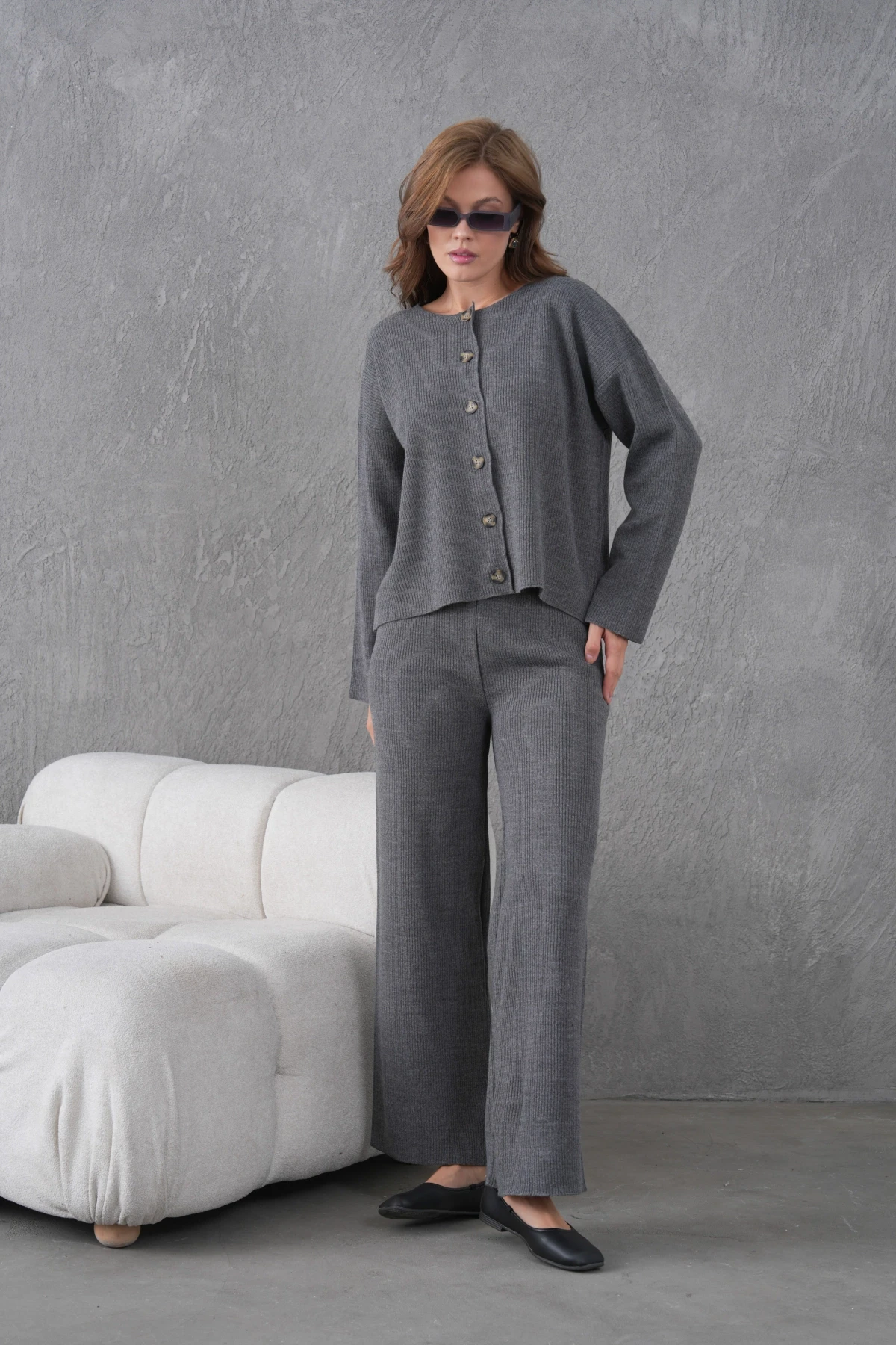 Kadın Bisiklet Yaka Düğme Kapama Kaşkorse Ceket Pantolon İkili Triko Takım