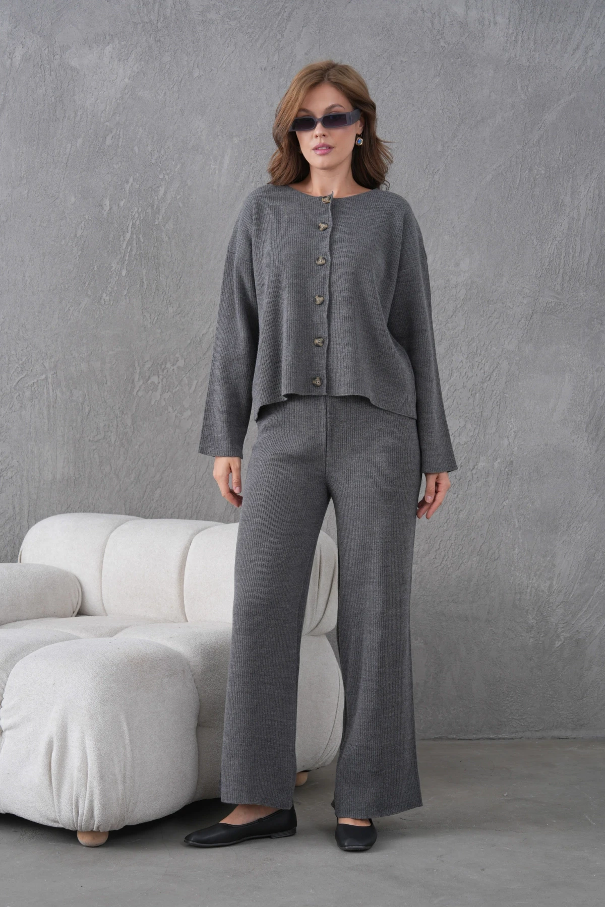 Kadın Bisiklet Yaka Düğme Kapama Kaşkorse Ceket Pantolon İkili Triko Takım